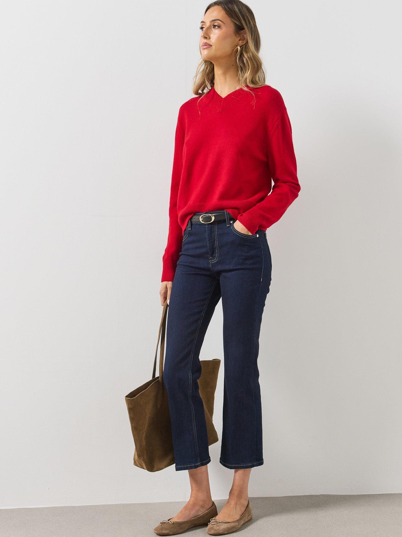 Image 3 of 6 of Mango Womens V-Neck Ribbed Hem Long Sleeve Jumper - Red