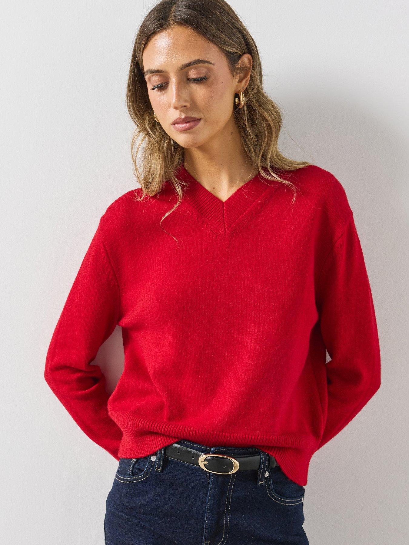 Image 4 of 6 of Mango Womens V-Neck Ribbed Hem Long Sleeve Jumper - Red