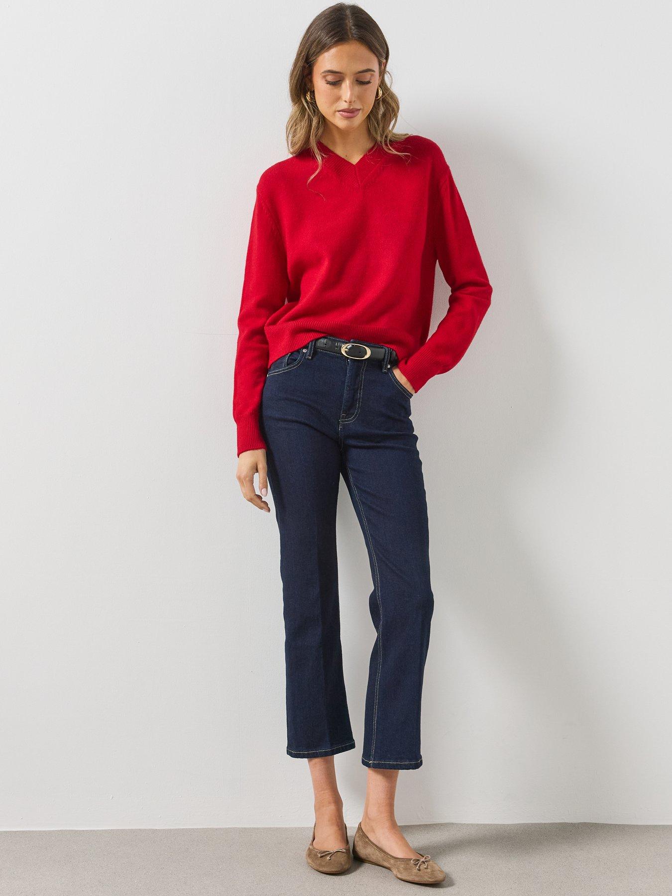 Image 5 of 6 of Mango Womens V-Neck Ribbed Hem Long Sleeve Jumper - Red