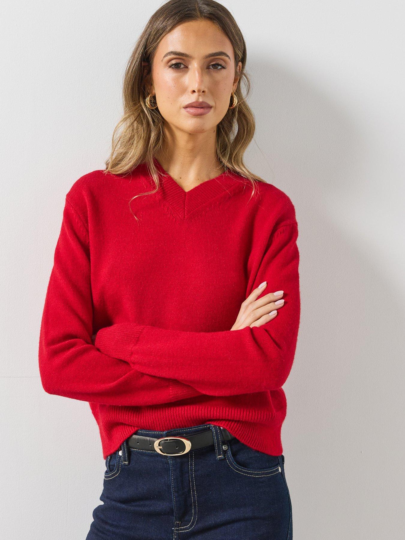 Image 6 of 6 of Mango Womens V-Neck Ribbed Hem Long Sleeve Jumper - Red