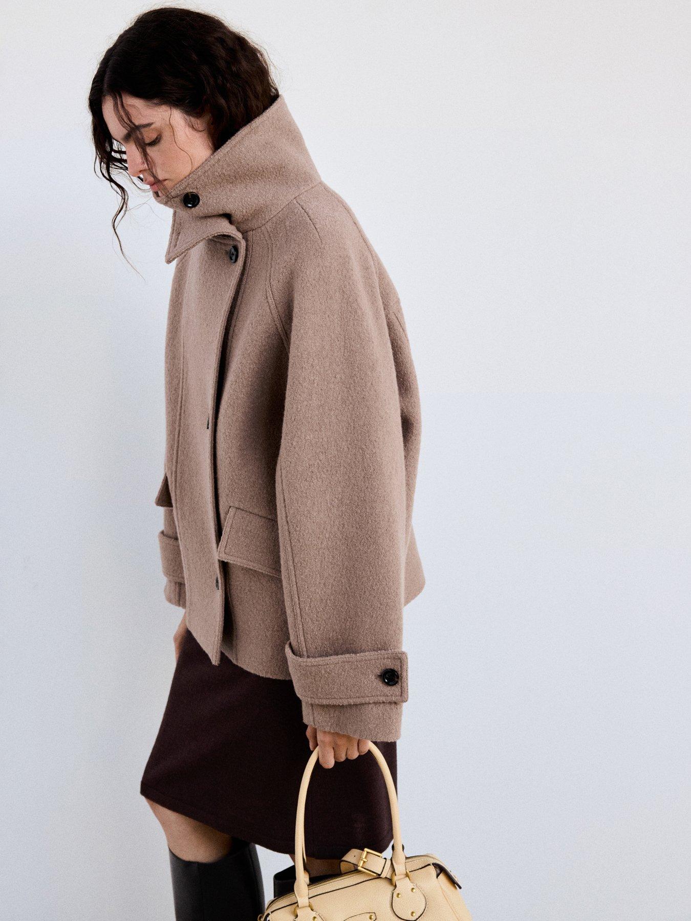 Image 2 of 5 of Mango Womens Funnel Neck Asymmetric Button Short Coat - Brown