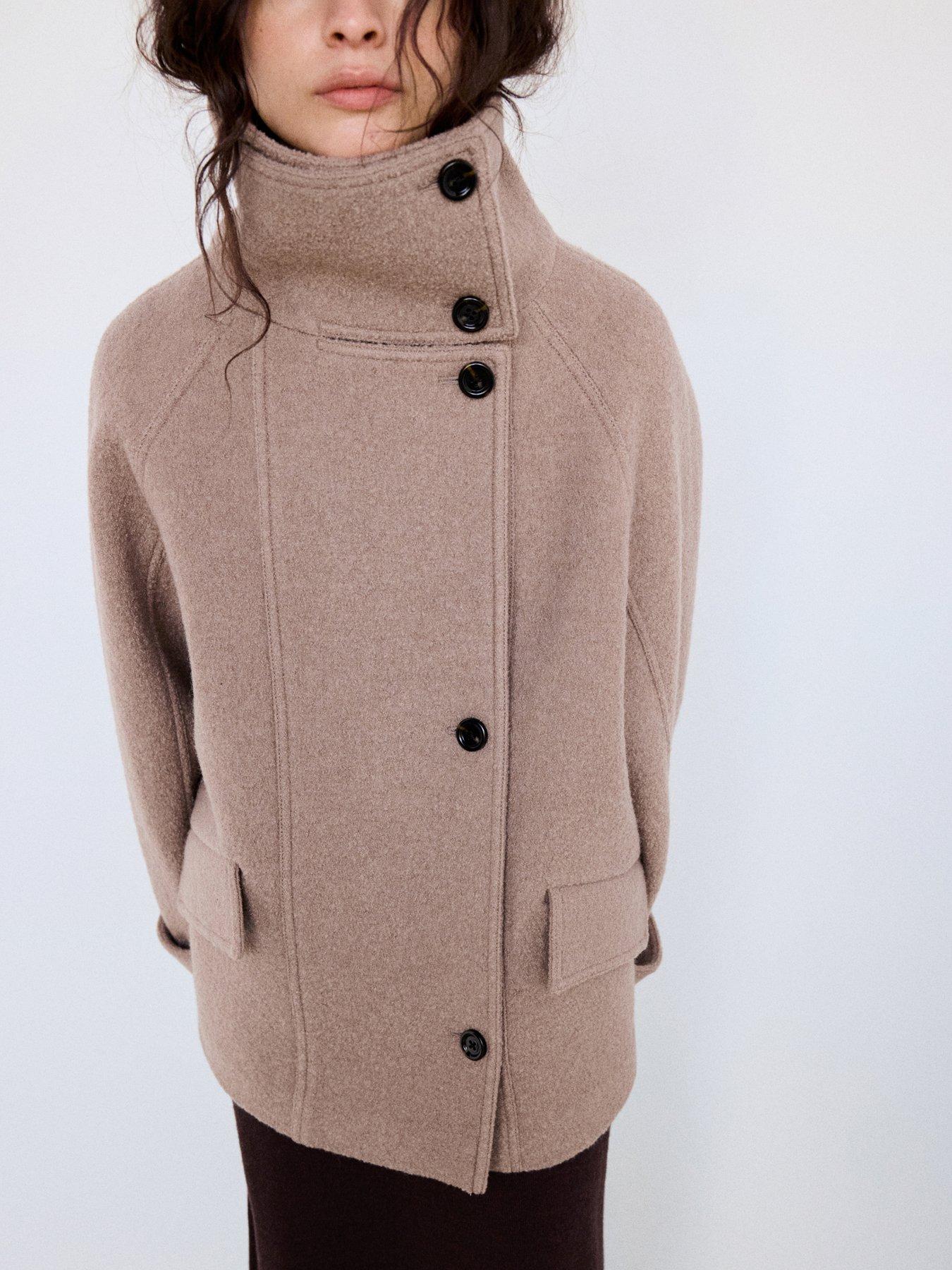 Image 3 of 5 of Mango Womens Funnel Neck Asymmetric Button Short Coat - Brown