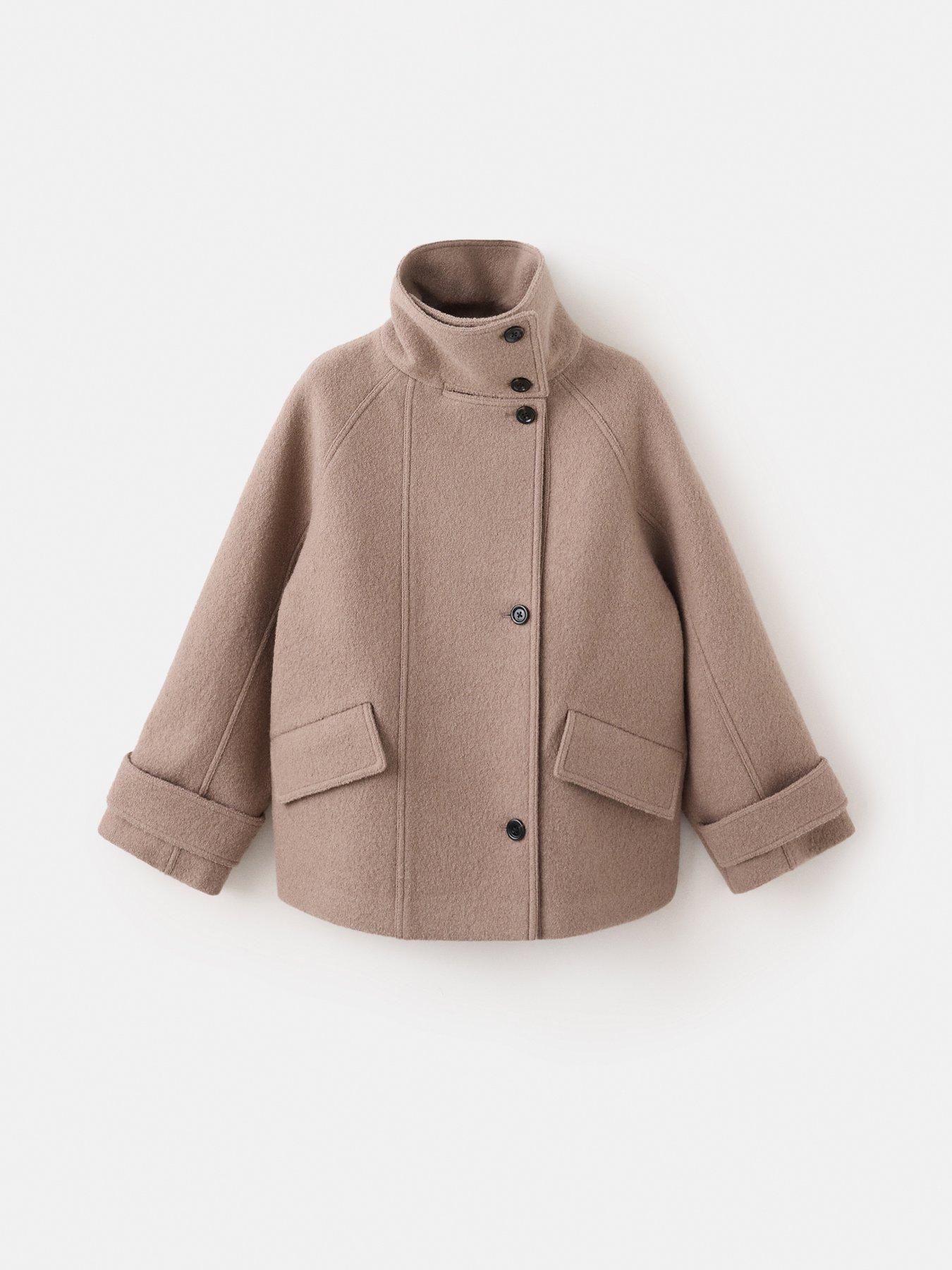 Image 4 of 5 of Mango Womens Funnel Neck Asymmetric Button Short Coat - Brown