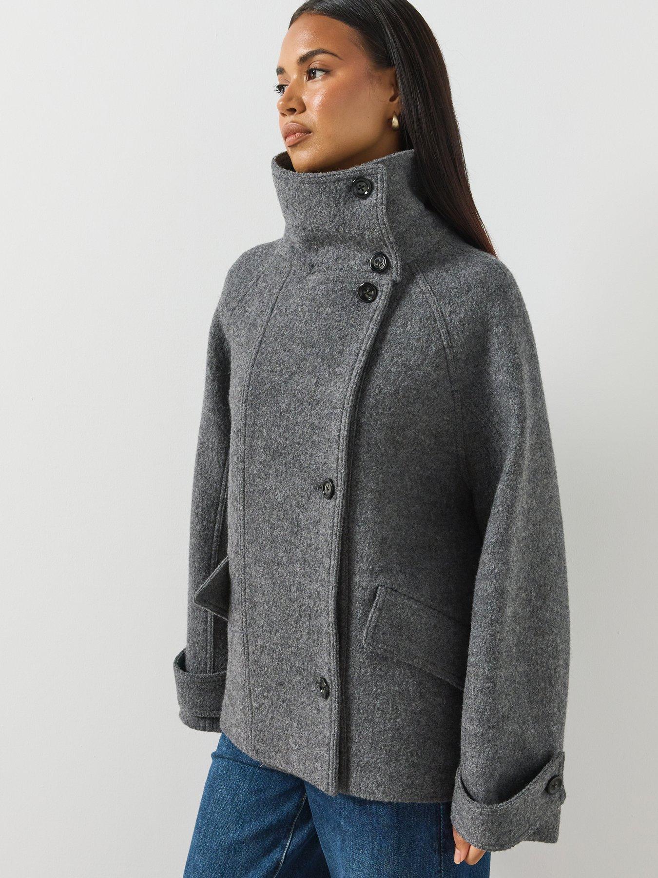 Image 1 of 6 of Mango Womens Funnel Neck Wool Jacket - Grey