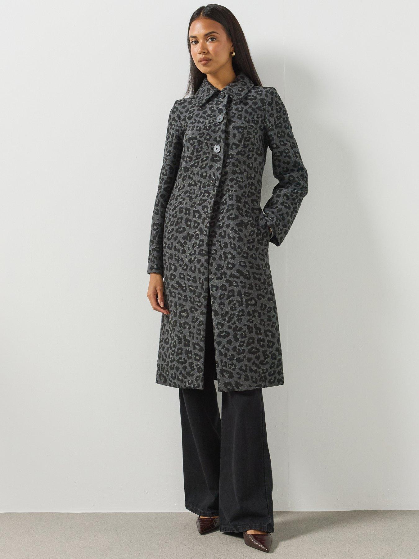 Image 1 of 6 of Mango Womens Leopard Print Long Coat - Grey