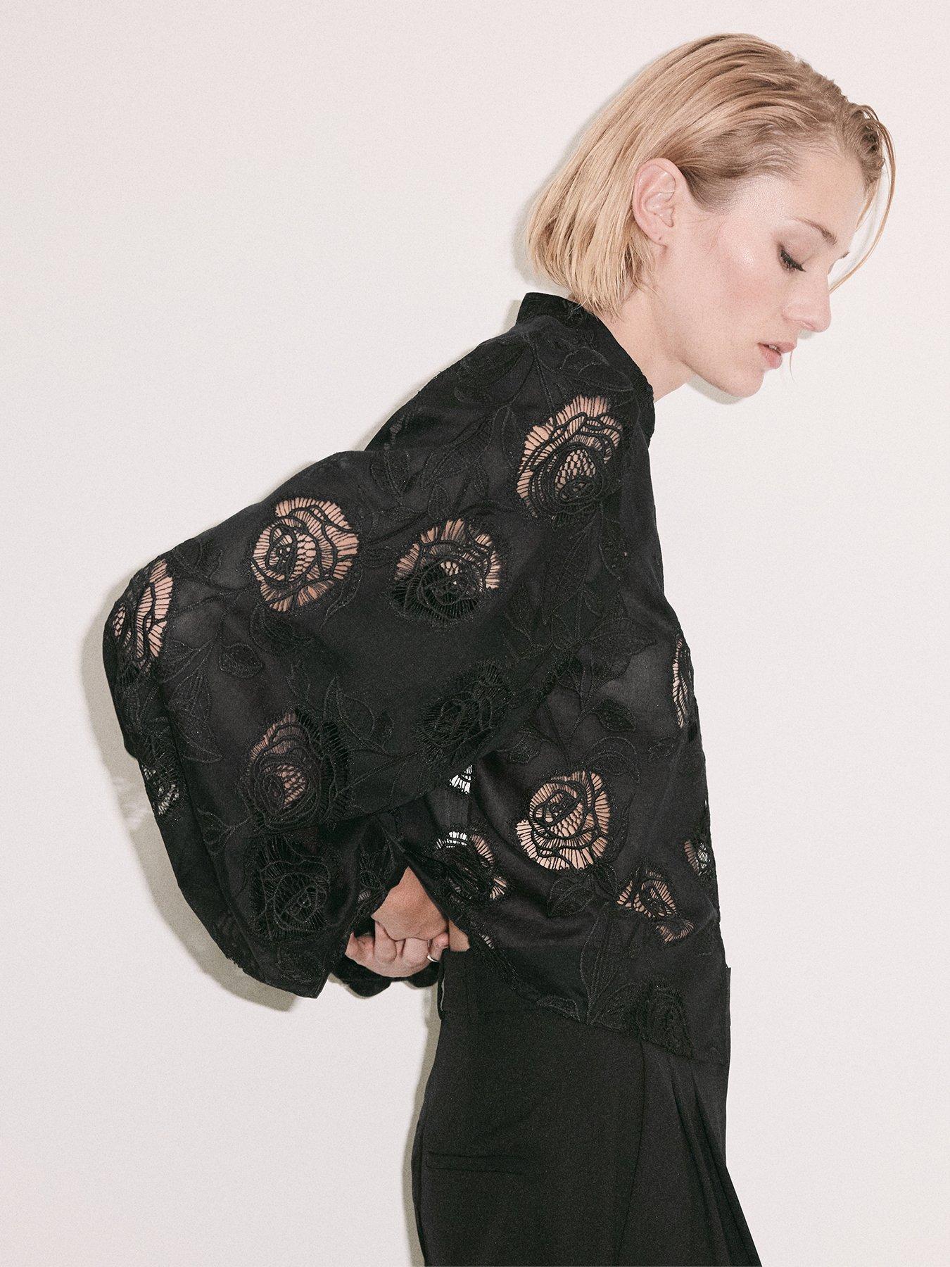 Image 1 of 7 of Mango Womens Petri Embroidered Lace Sheer High Neck Shirt - Black