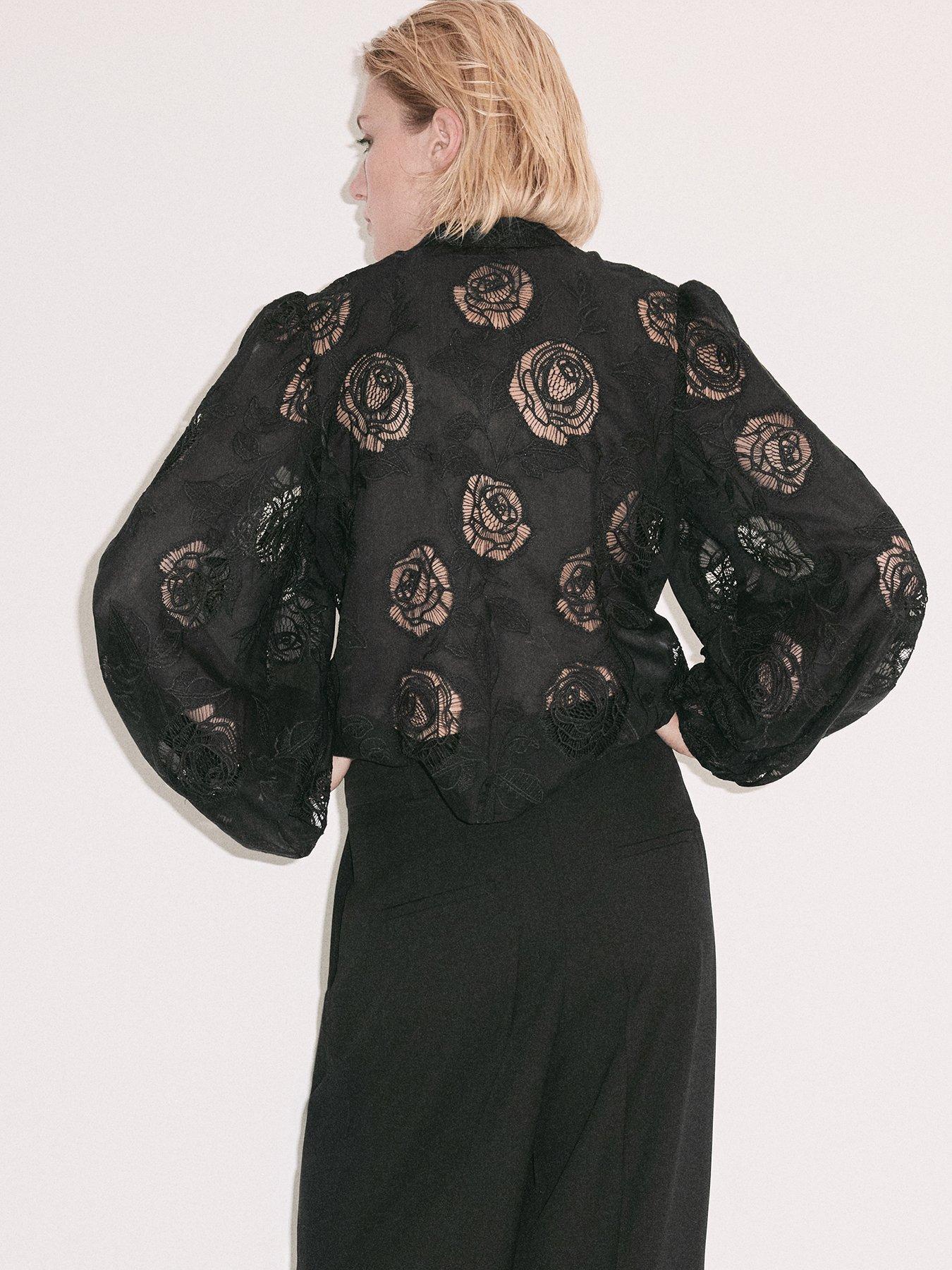Image 2 of 7 of Mango Womens Petri Embroidered Lace Sheer High Neck Shirt - Black
