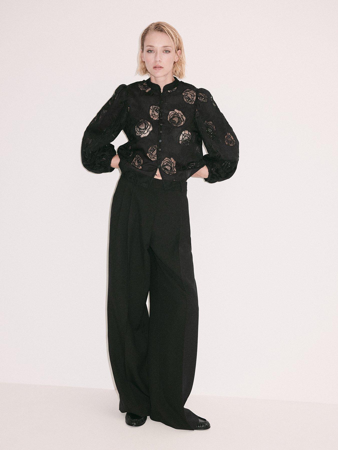 Image 3 of 7 of Mango Womens Petri Embroidered Lace Sheer High Neck Shirt - Black