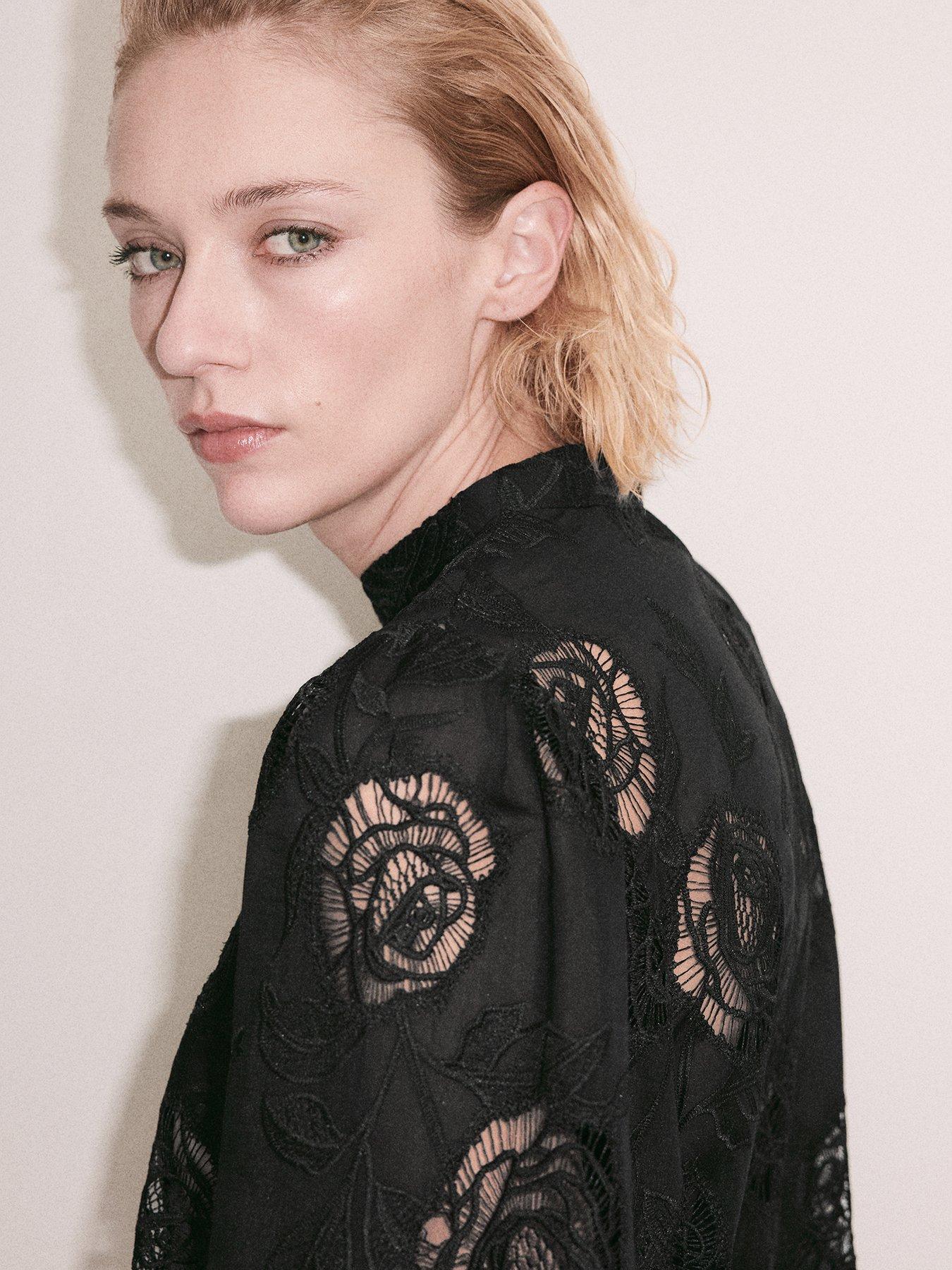 Image 4 of 7 of Mango Womens Petri Embroidered Lace Sheer High Neck Shirt - Black