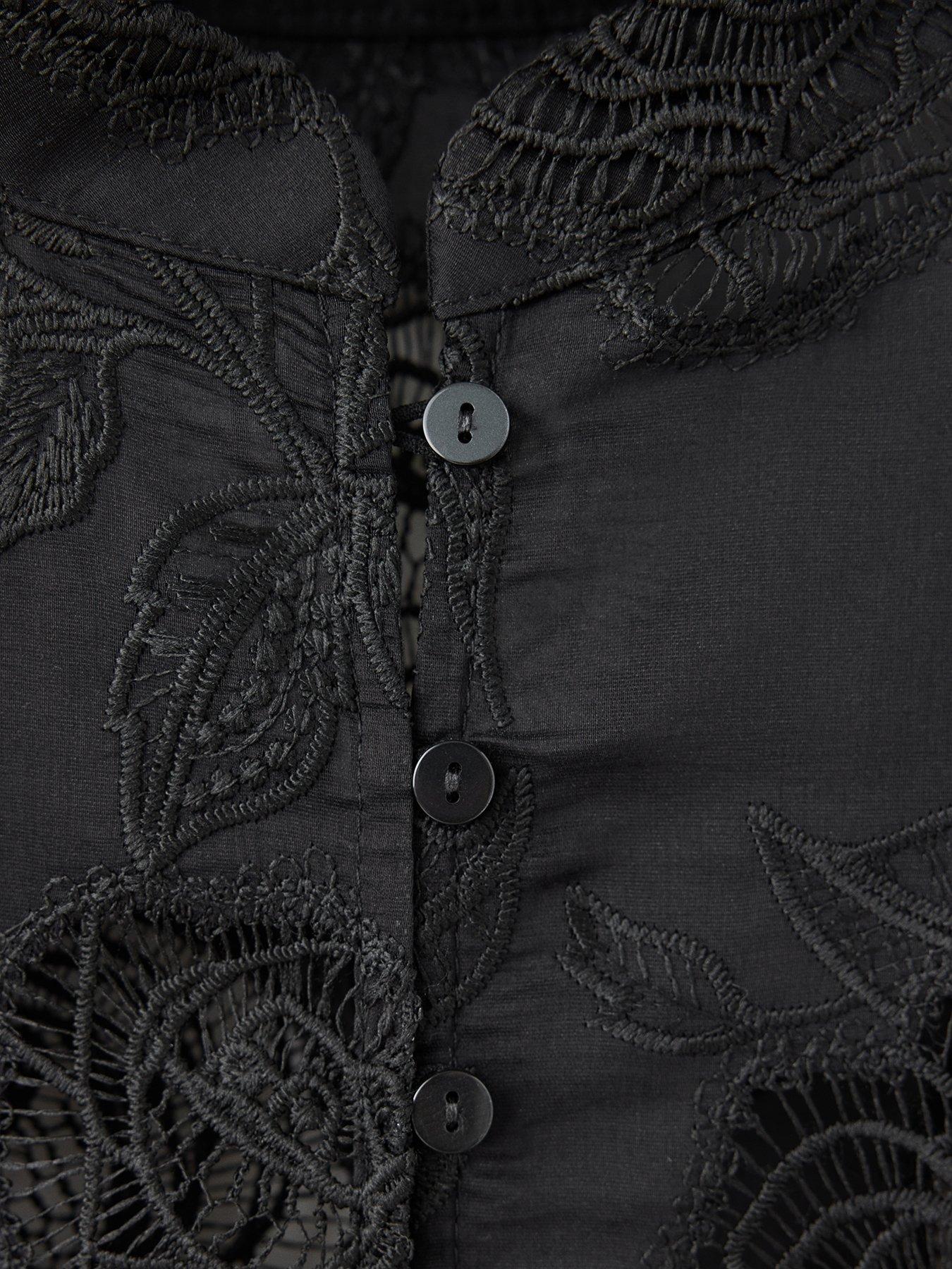 Image 5 of 7 of Mango Womens Petri Embroidered Lace Sheer High Neck Shirt - Black
