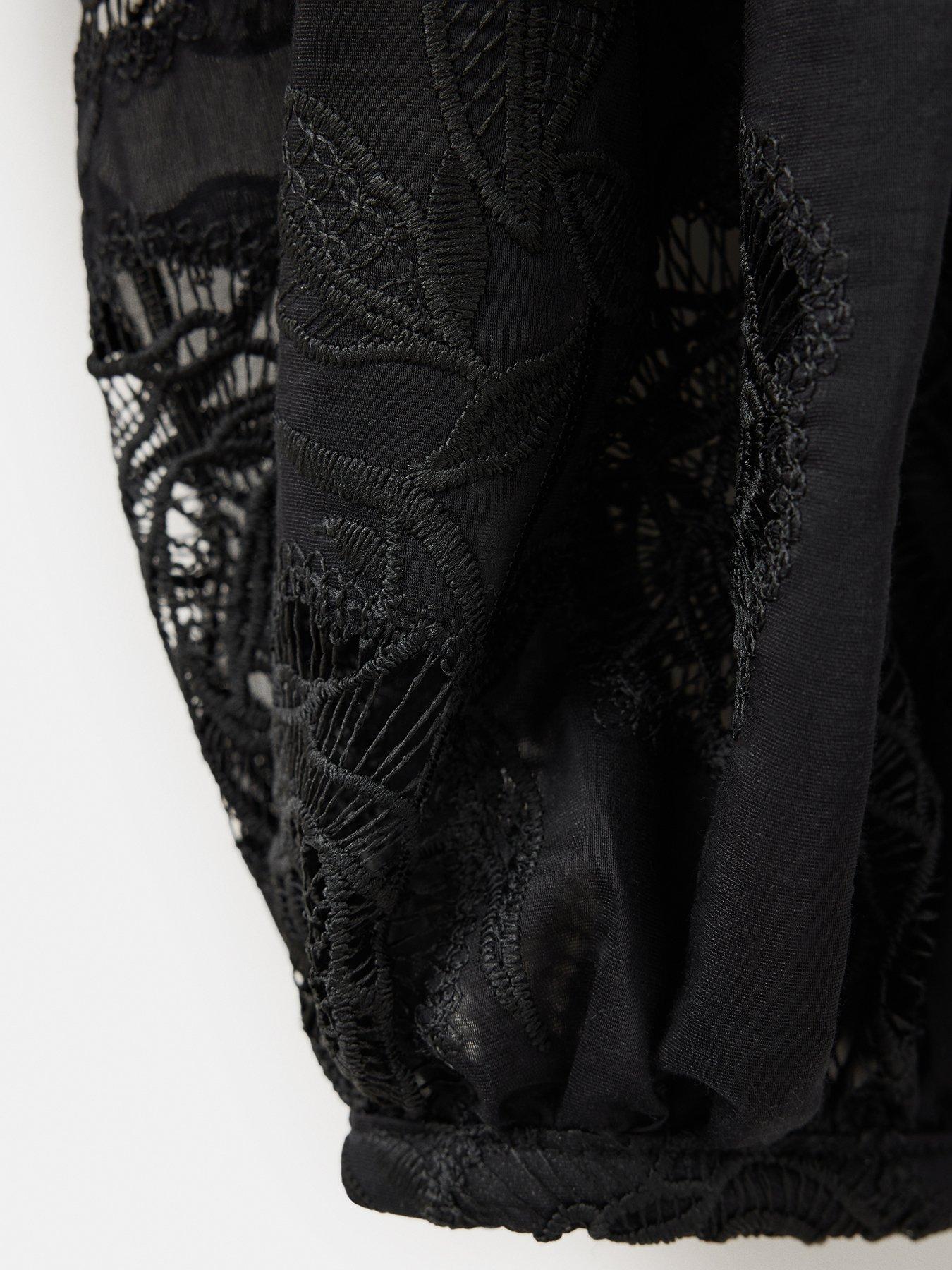 Image 6 of 7 of Mango Womens Petri Embroidered Lace Sheer High Neck Shirt - Black