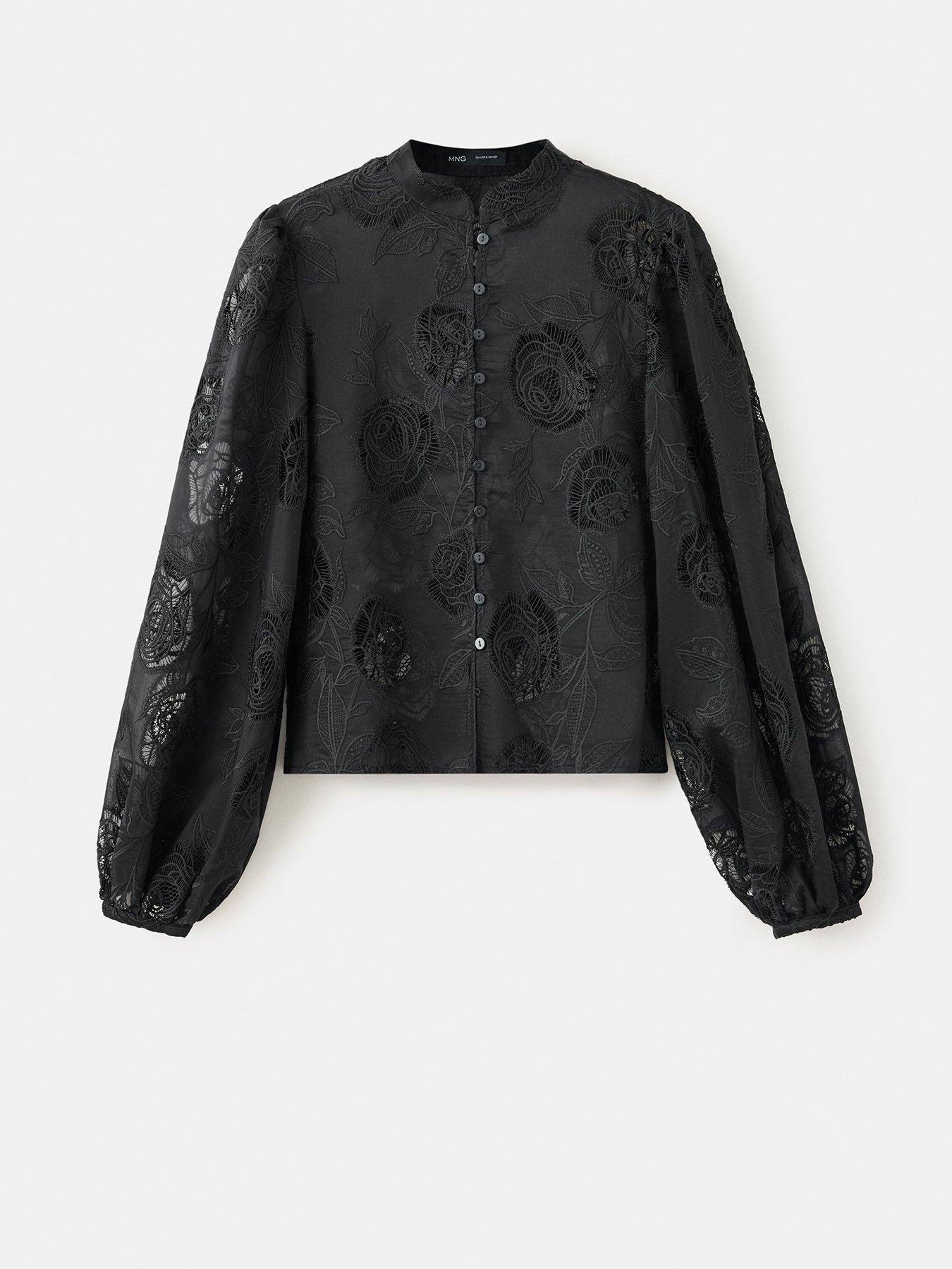 Image 7 of 7 of Mango Womens Petri Embroidered Lace Sheer High Neck Shirt - Black