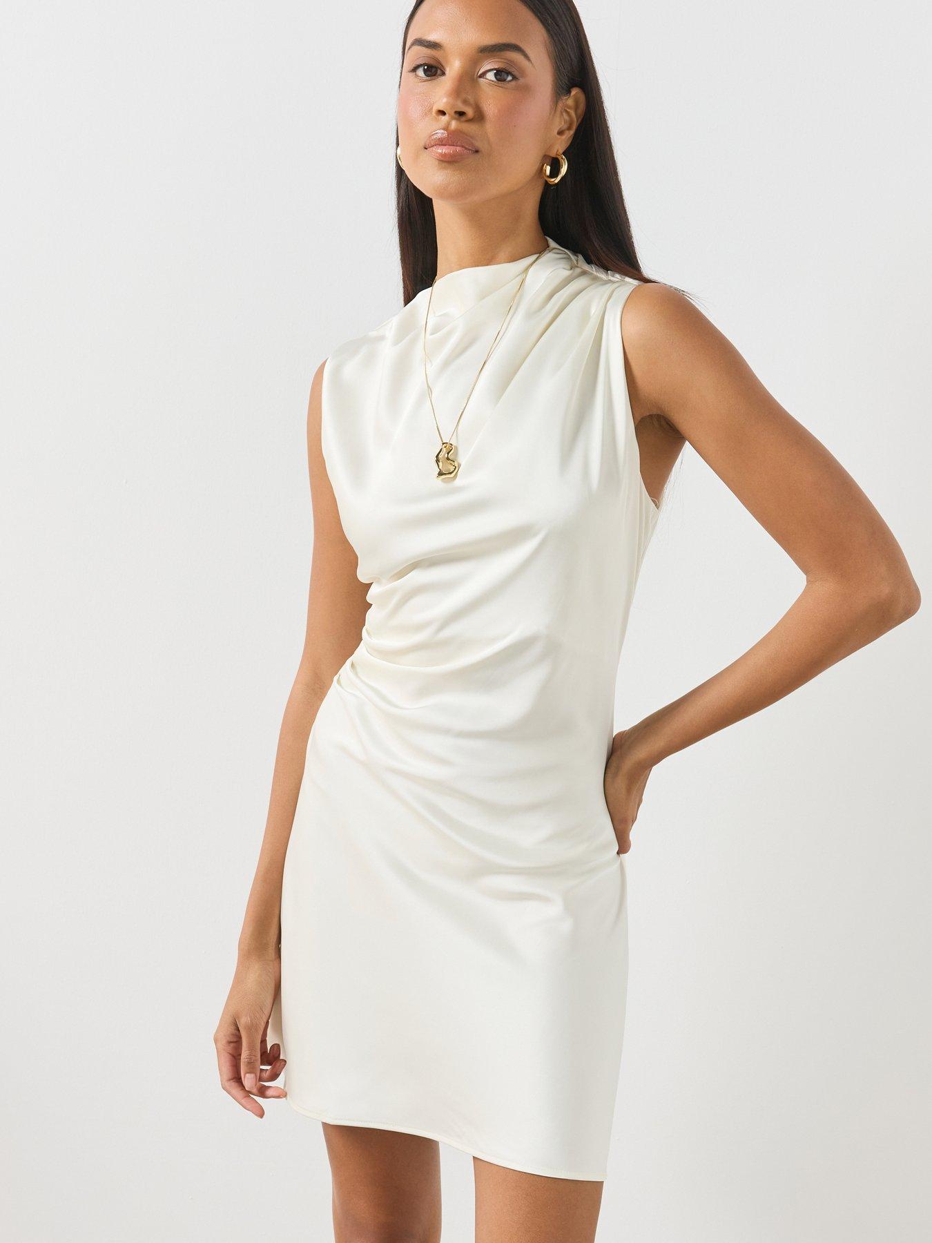 Mango Draped Neckline Ruched Dress - Cream