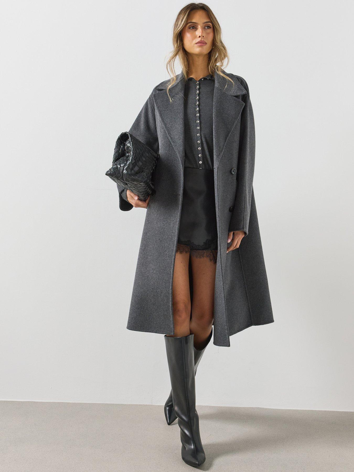 Image 1 of 5 of Mango Womens Handmade Longline Wide Lapel Coat - Grey