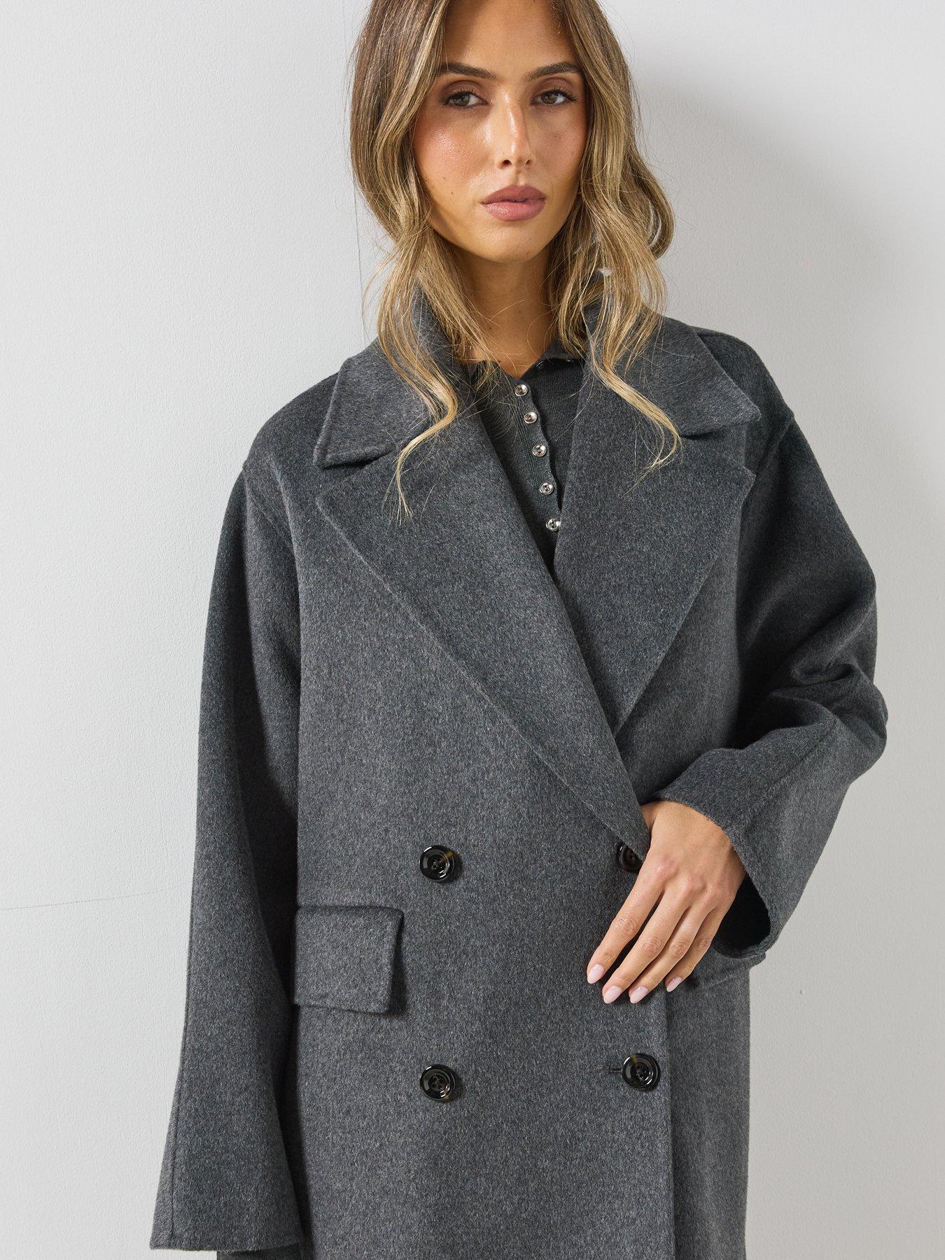Image 4 of 5 of Mango Womens Handmade Longline Wide Lapel Coat - Grey
