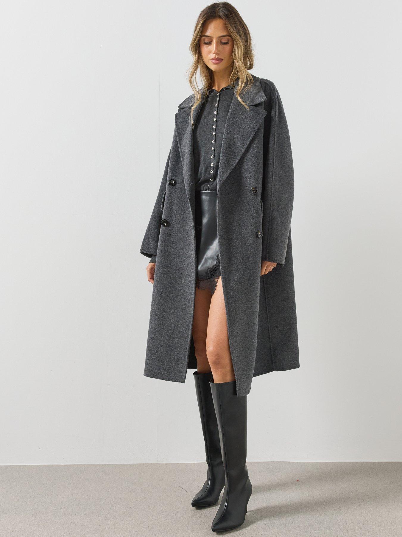 Image 5 of 5 of Mango Womens Handmade Longline Wide Lapel Coat - Grey