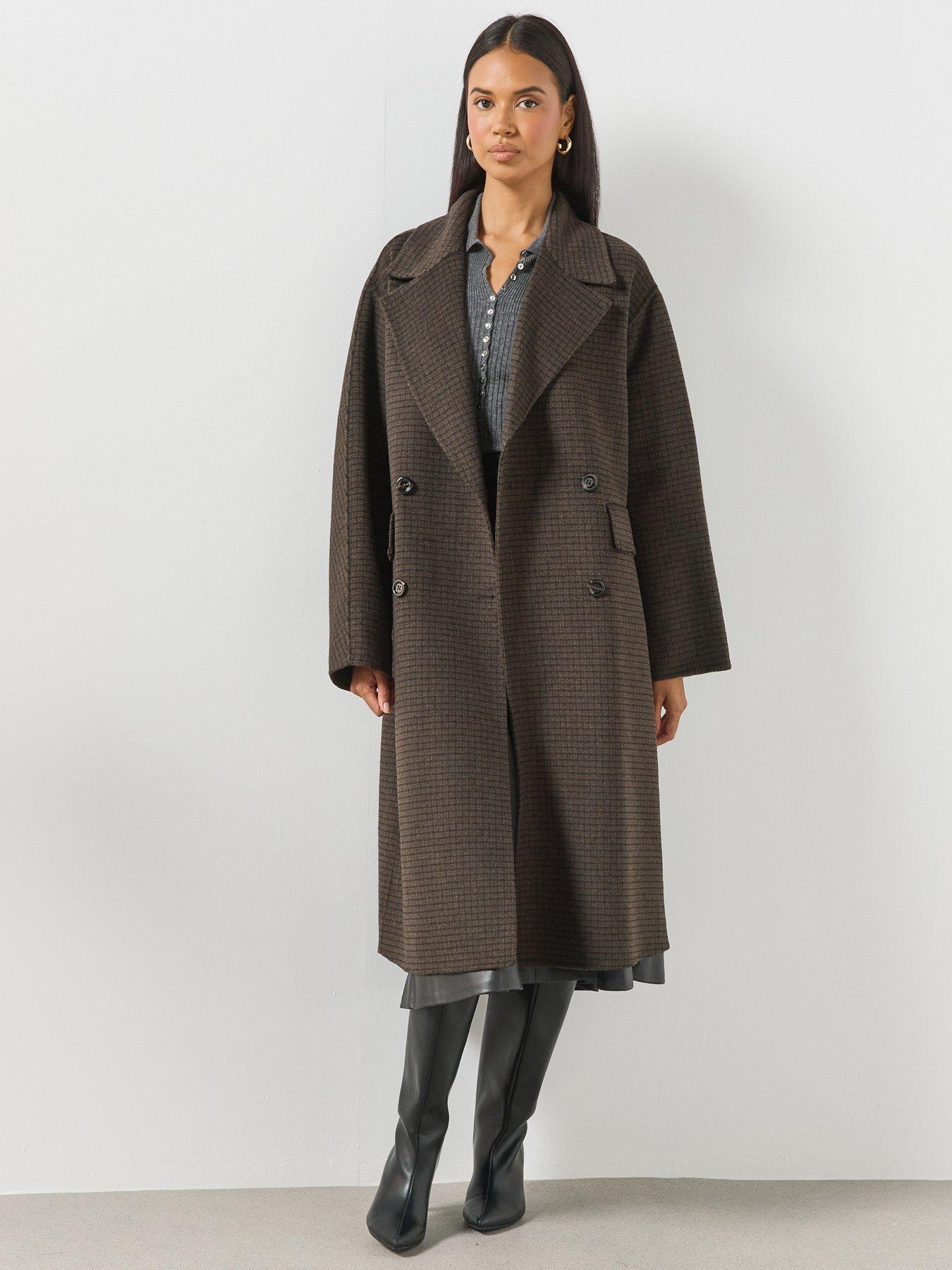 Image 1 of 6 of Mango Double-Breasted Longline Check Coat - Brown