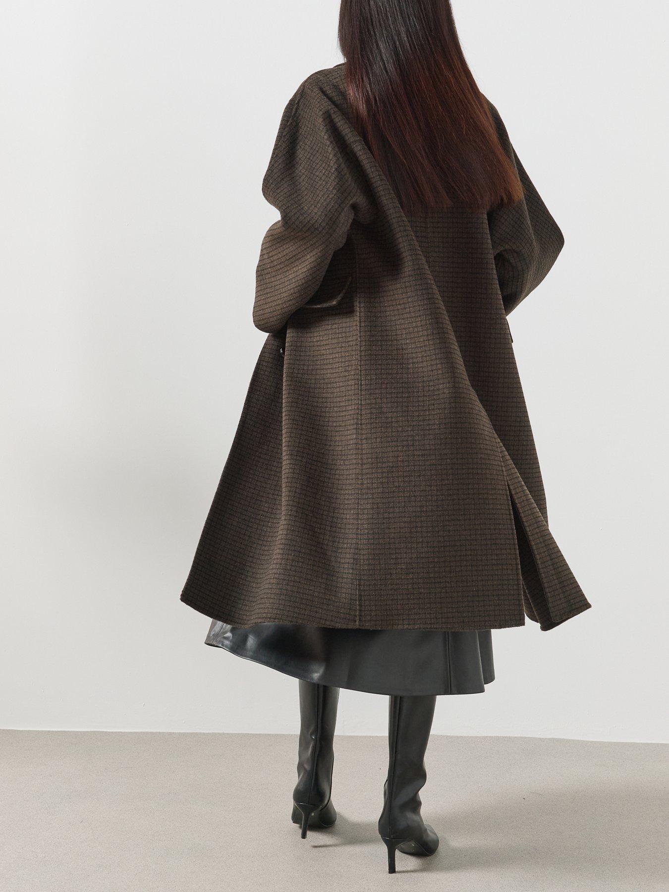 Image 2 of 6 of Mango Double-Breasted Longline Check Coat - Brown