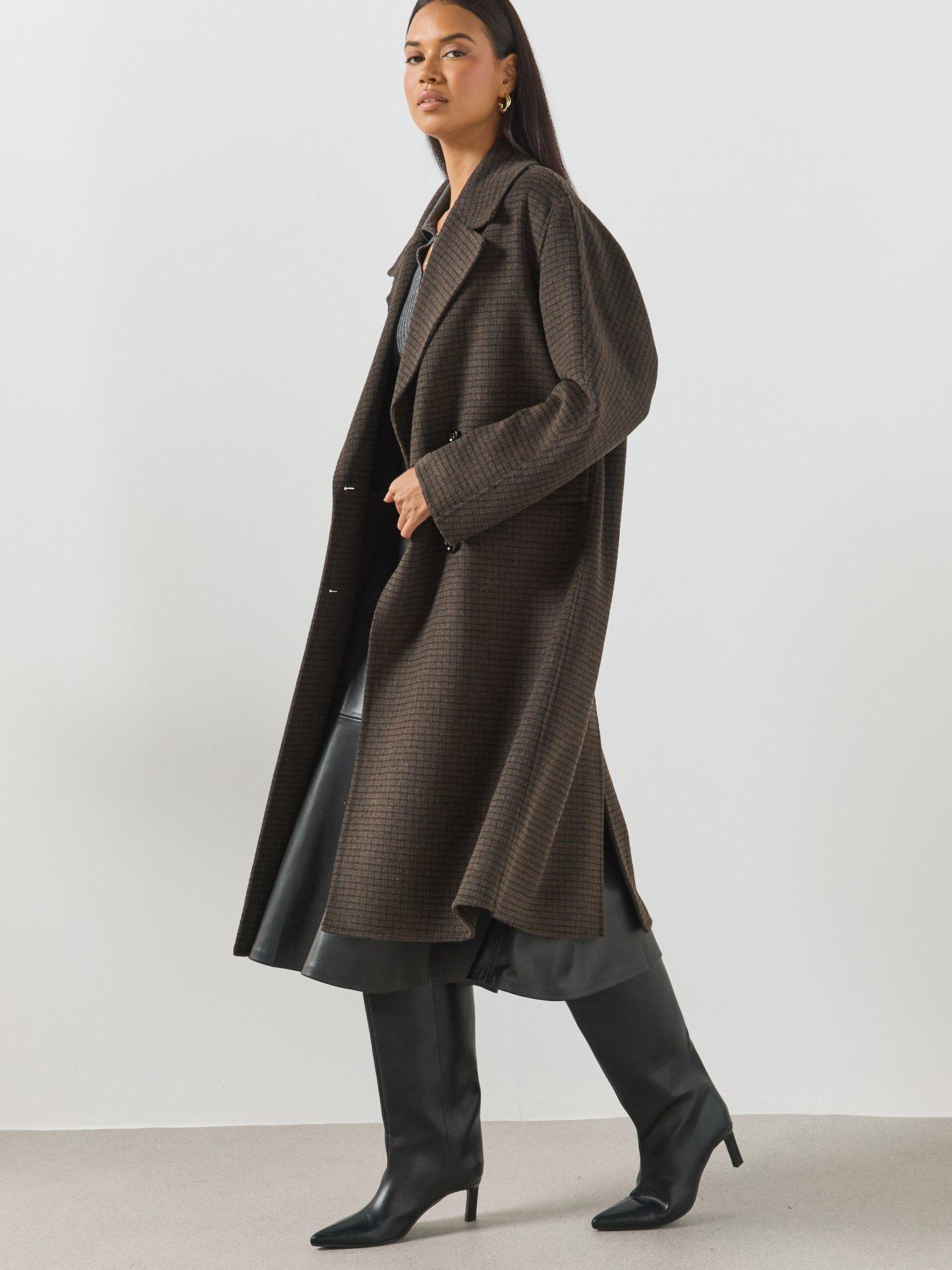 Image 3 of 6 of Mango Double-Breasted Longline Check Coat - Brown