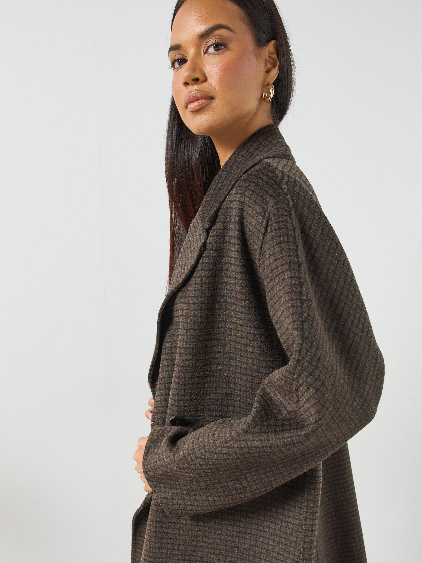 Image 4 of 6 of Mango Double-Breasted Longline Check Coat - Brown