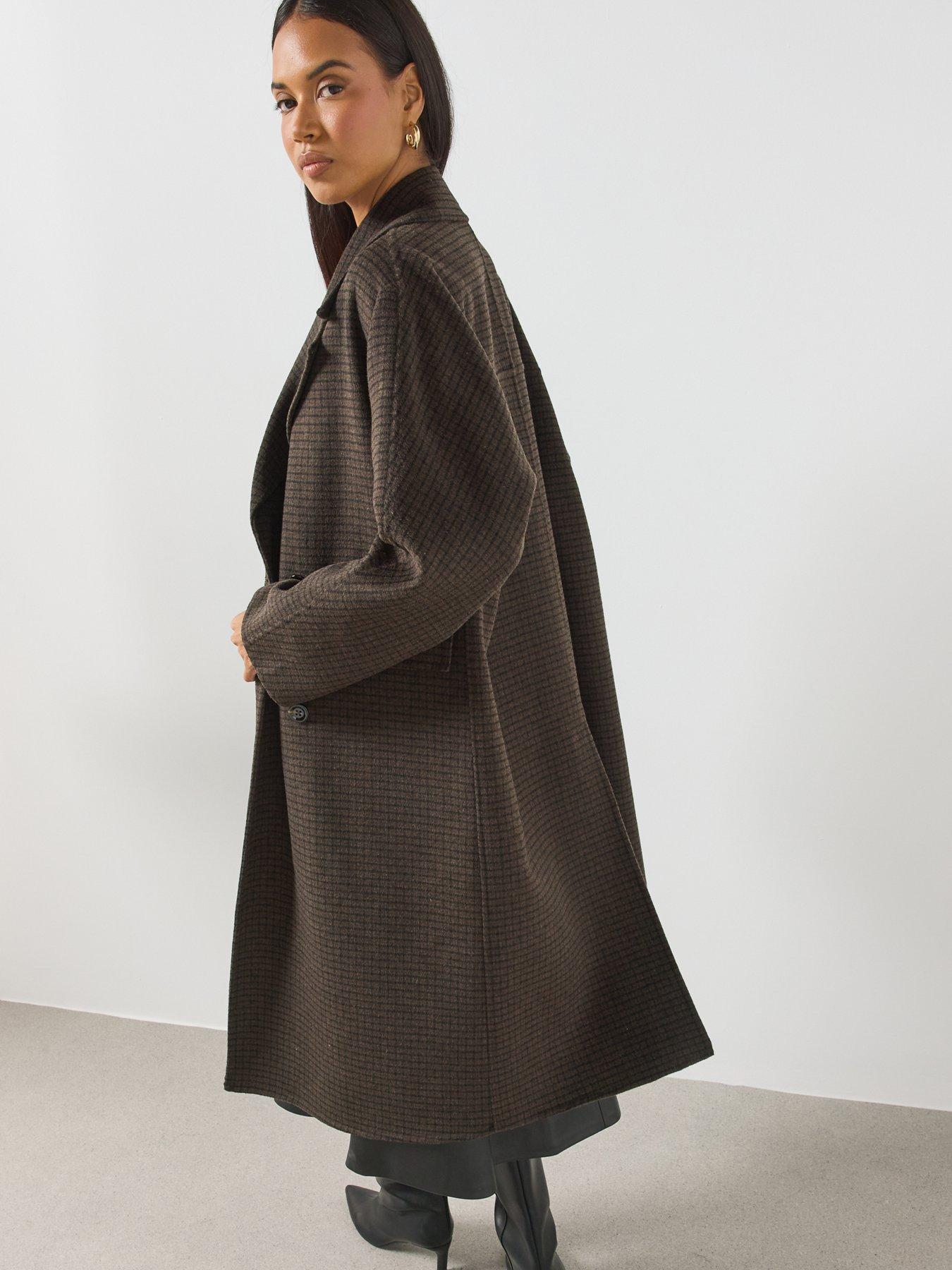 Image 5 of 6 of Mango Double-Breasted Longline Check Coat - Brown