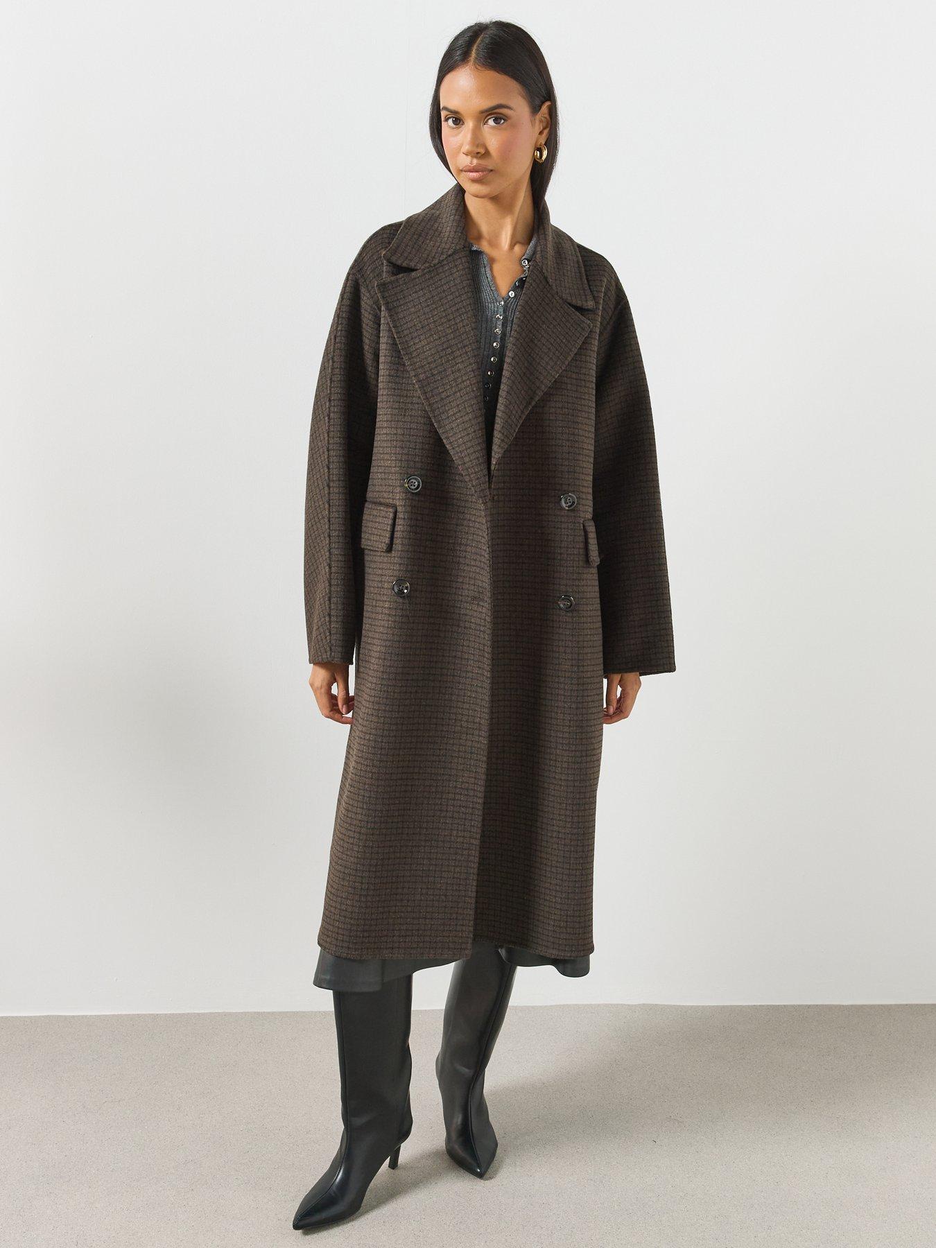 Image 6 of 6 of Mango Double-Breasted Longline Check Coat - Brown