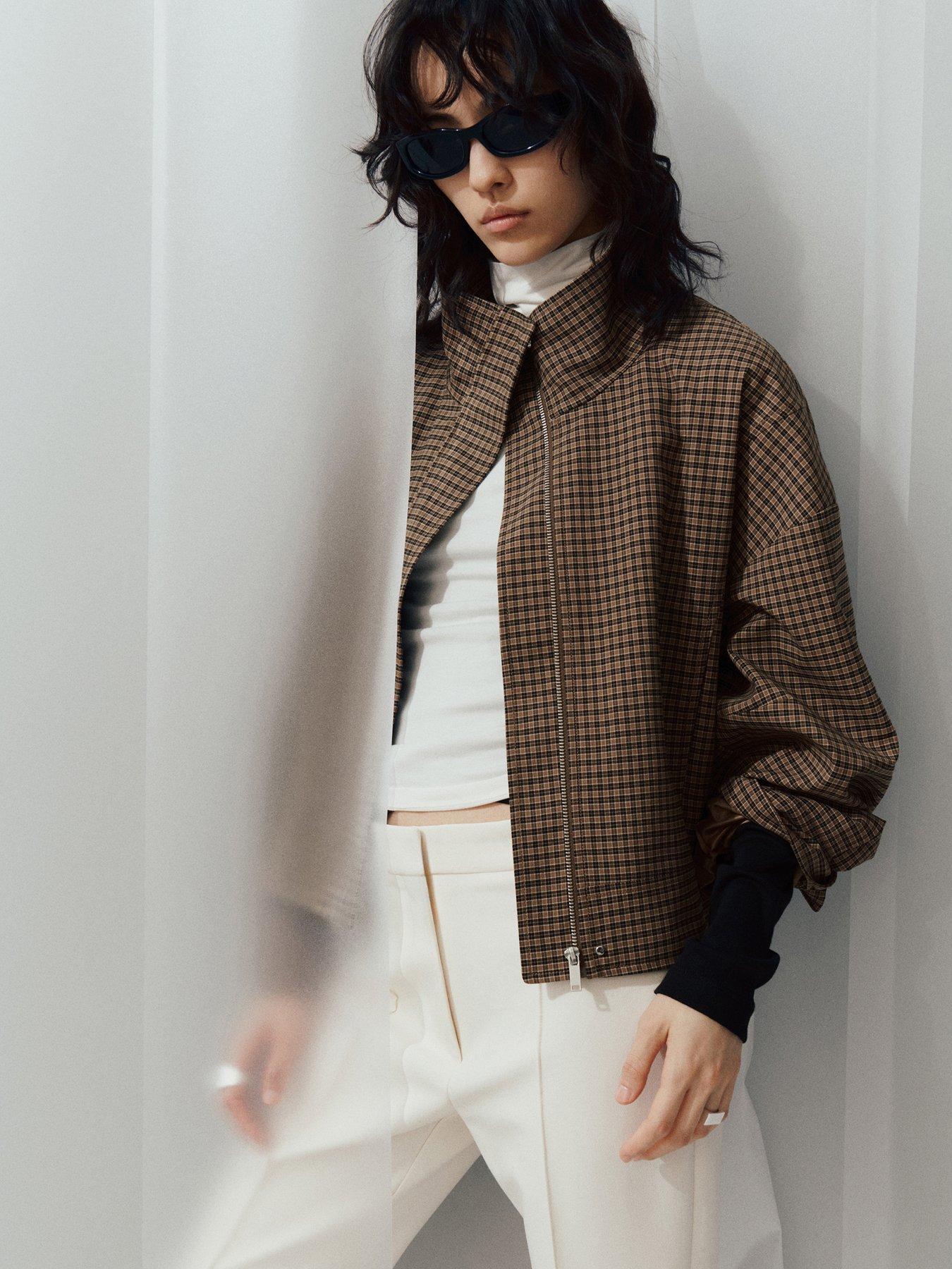 Image 1 of 6 of Mango Womens Funnel Neck Zip-Through Checked Jacket - Brown