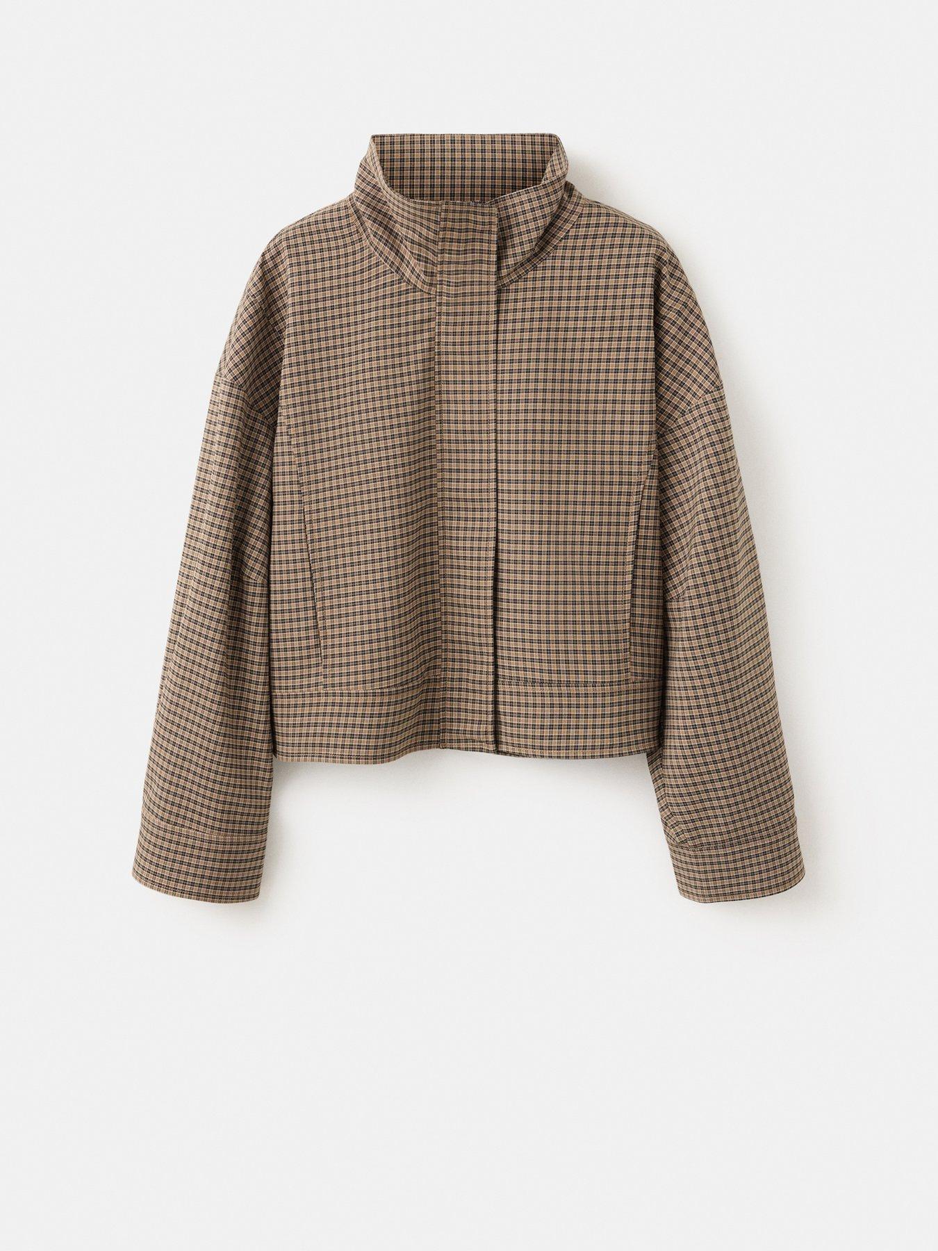 Image 5 of 6 of Mango Womens Funnel Neck Zip-Through Checked Jacket - Brown