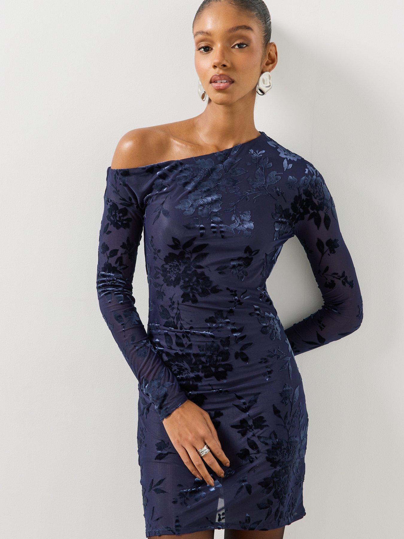 Image 1 of 6 of Mango Womens Xseleni One Shoulder Floral Mini Dress - Navy
