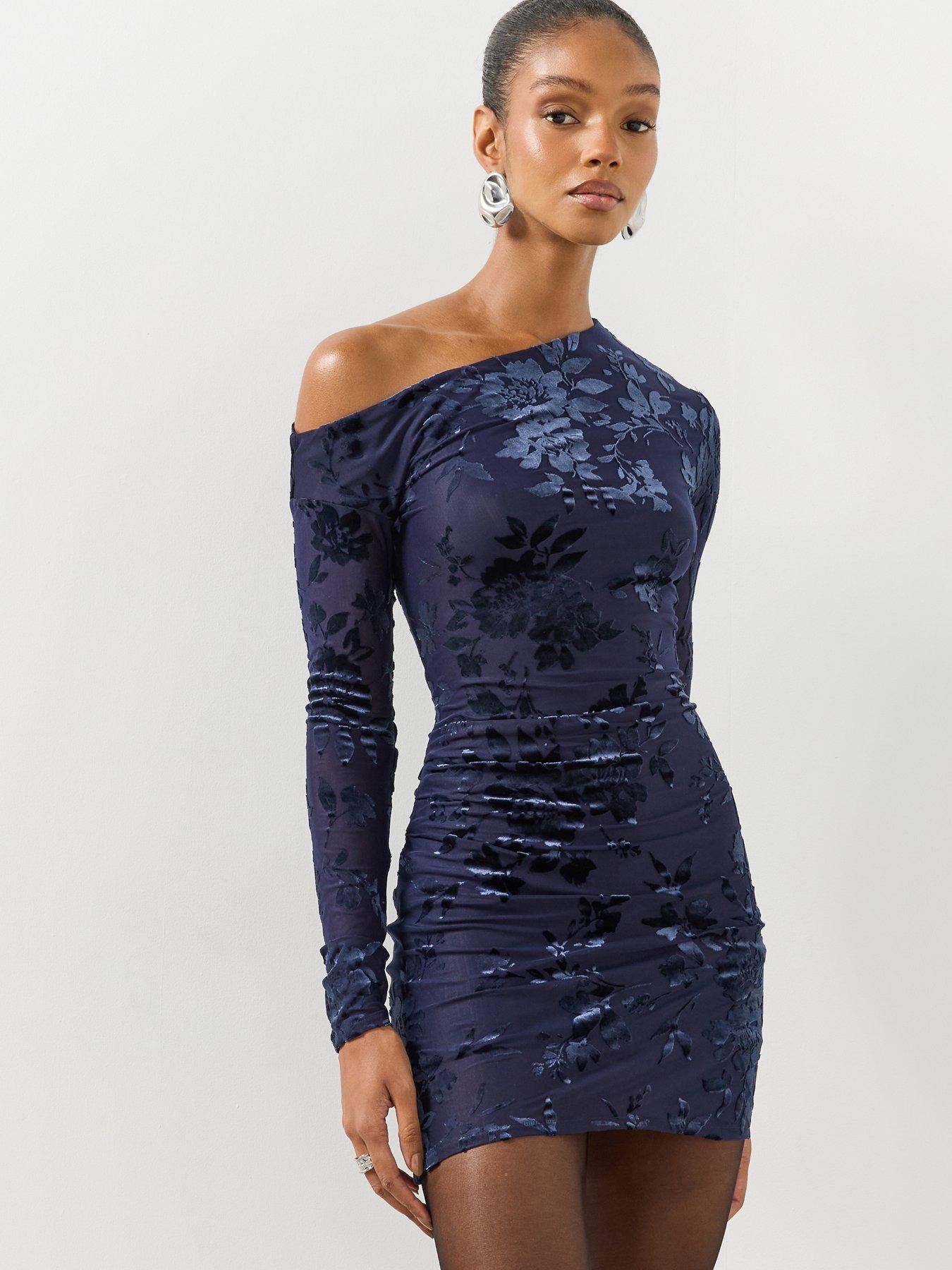 Image 5 of 6 of Mango Womens Xseleni One Shoulder Floral Mini Dress - Navy