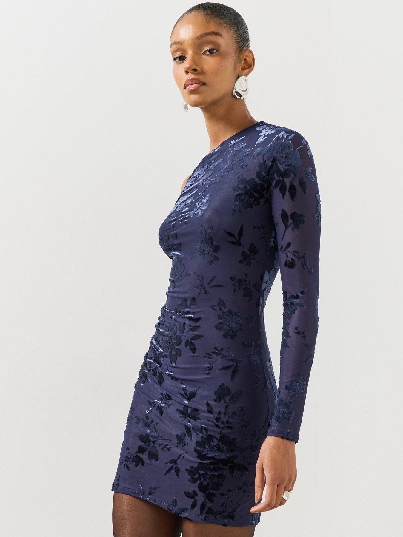 Image 6 of 6 of Mango Womens Xseleni One Shoulder Floral Mini Dress - Navy