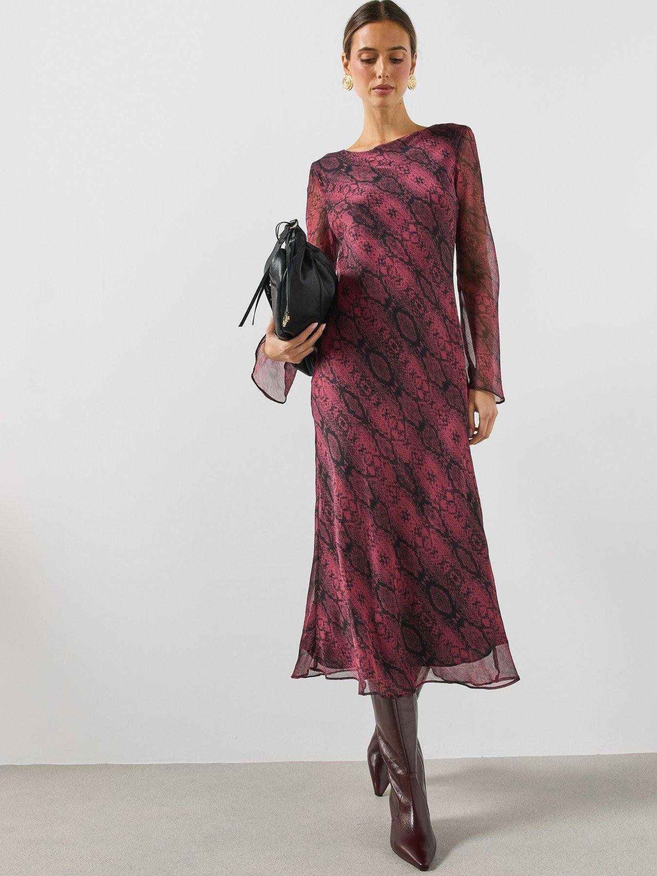 Image 1 of 6 of Mango Womens Alegrab Snake-Effect Sheer Fluted Sleeve Maxi Dress - Pink