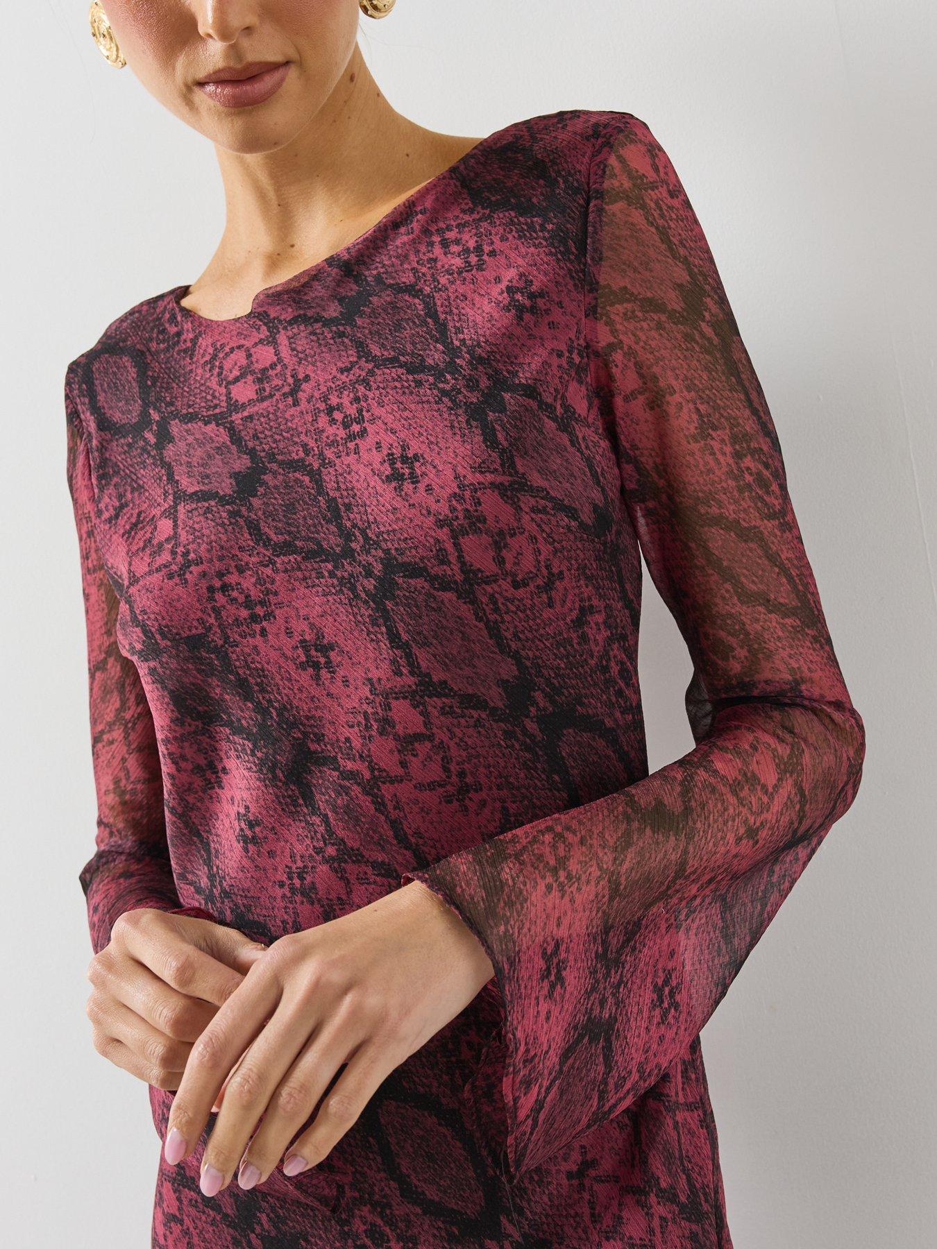 Image 4 of 6 of Mango Womens Alegrab Snake-Effect Sheer Fluted Sleeve Maxi Dress - Pink