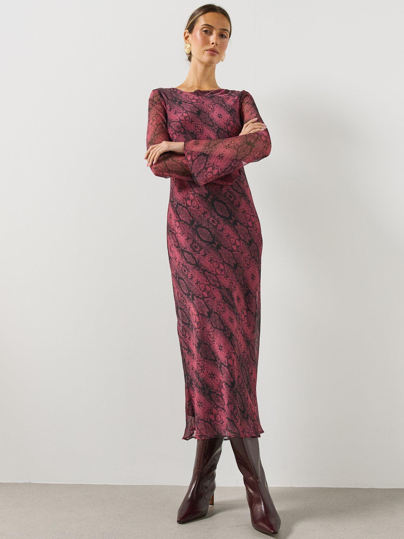 Image 5 of 6 of Mango Womens Alegrab Snake-Effect Sheer Fluted Sleeve Maxi Dress - Pink