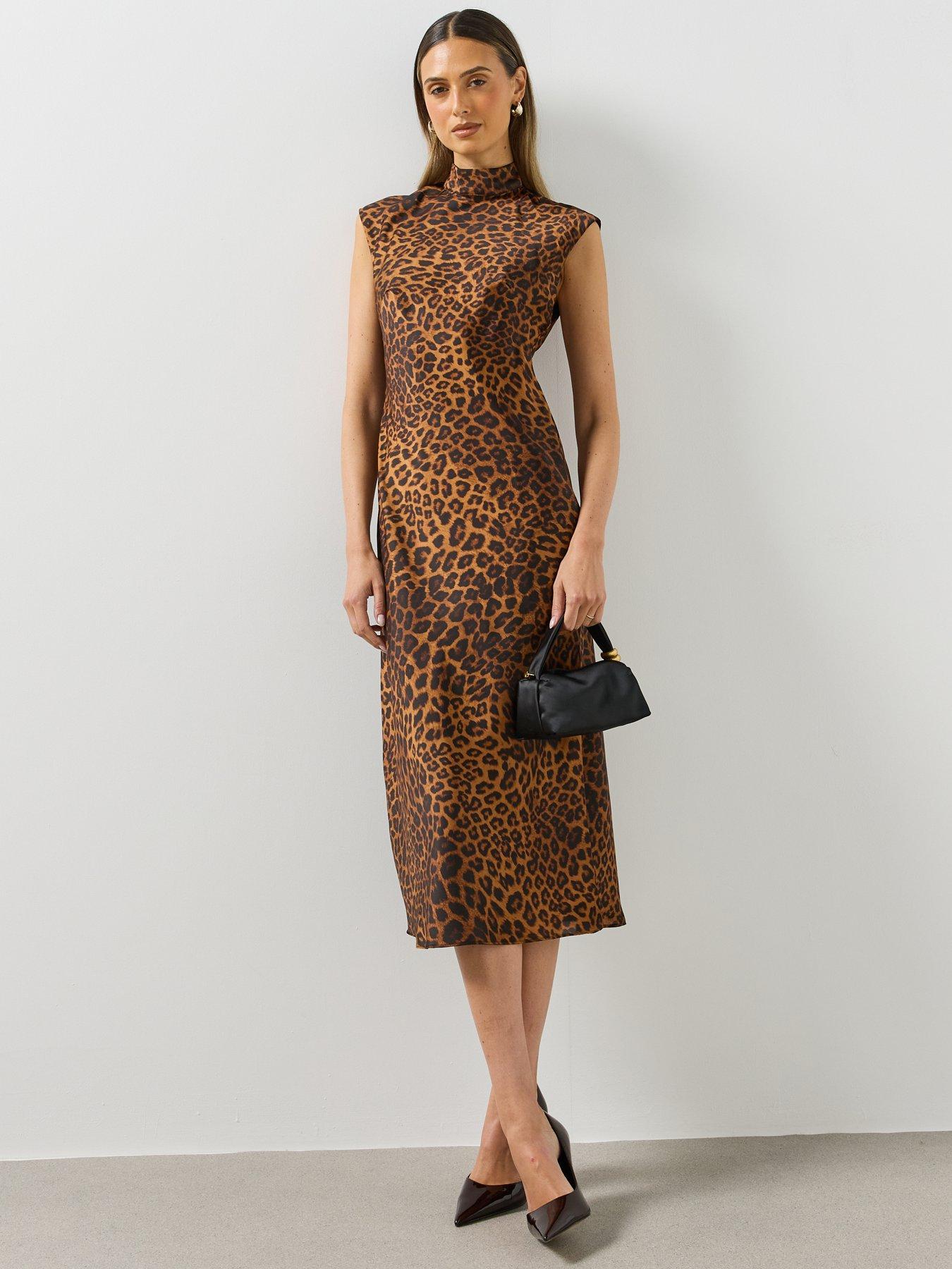 Image 3 of 6 of Mango Womens Leopard Print High Neck Midi Dress - Brown