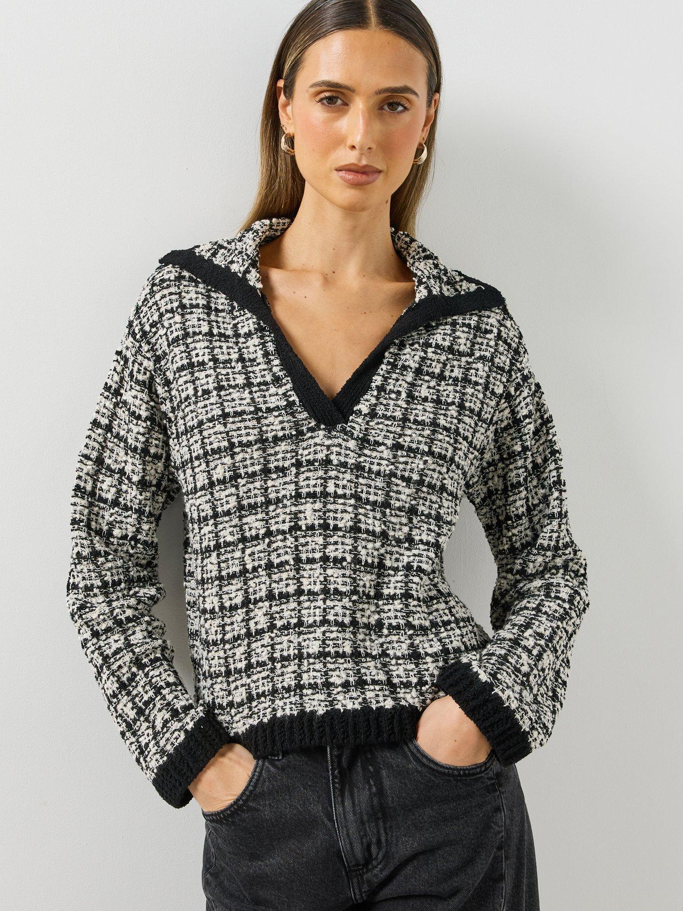 Image 1 of 5 of Mango Womens Textured V-Neck Collared Jumper - Black