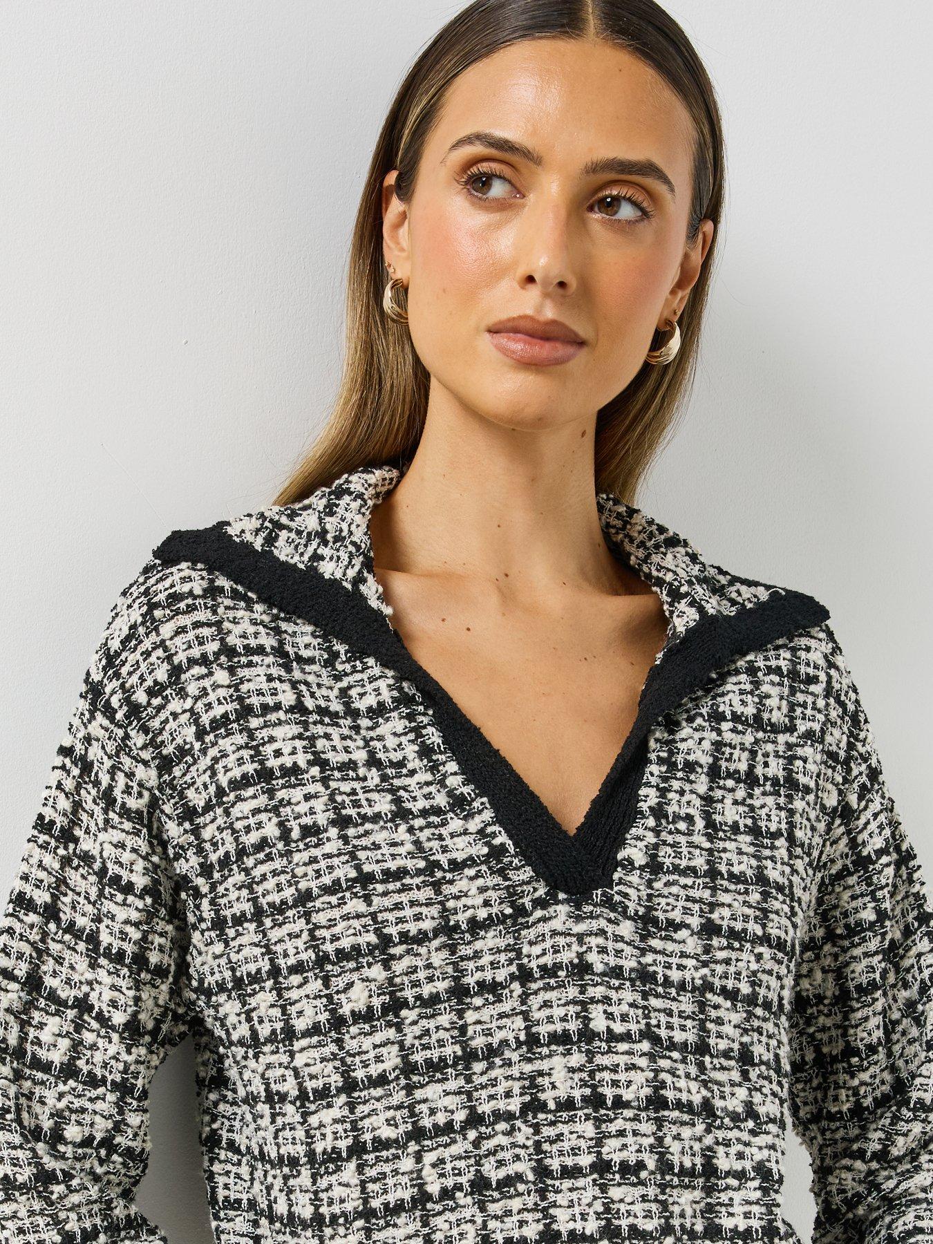 Image 4 of 5 of Mango Womens Textured V-Neck Collared Jumper - Black