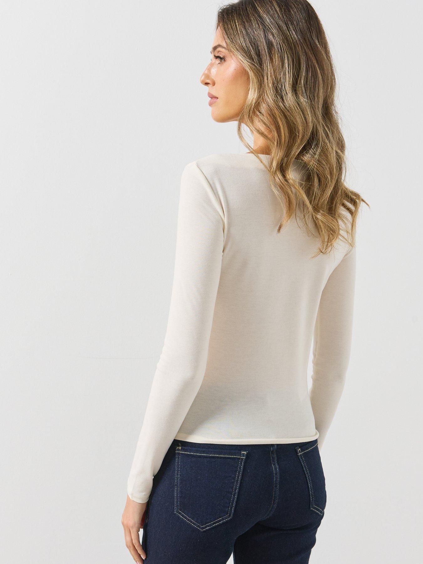 Image 2 of 6 of Mango Womens Boat Neck Fitted Long Sleeve T-Shirt - Beige