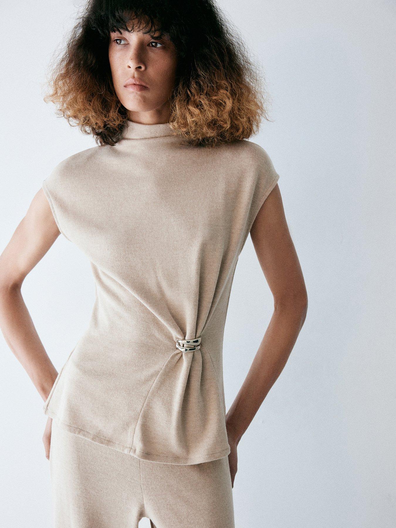 Image 1 of 5 of Mango Womens Ancon Mock Neck Knit Top - Beige