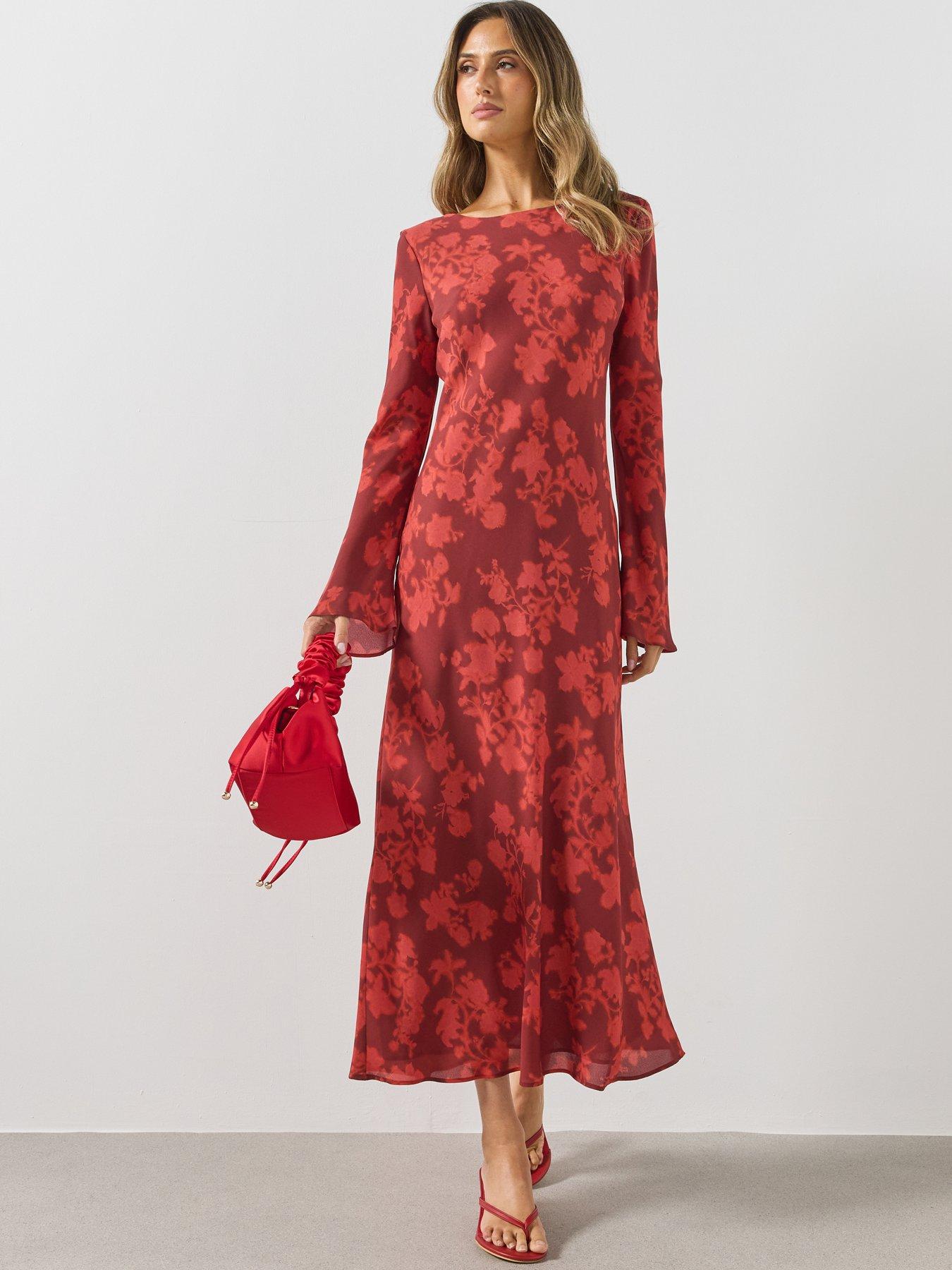 Image 1 of 6 of Mango Womens Floral Flared Sleeve Round Neck Dress - Red