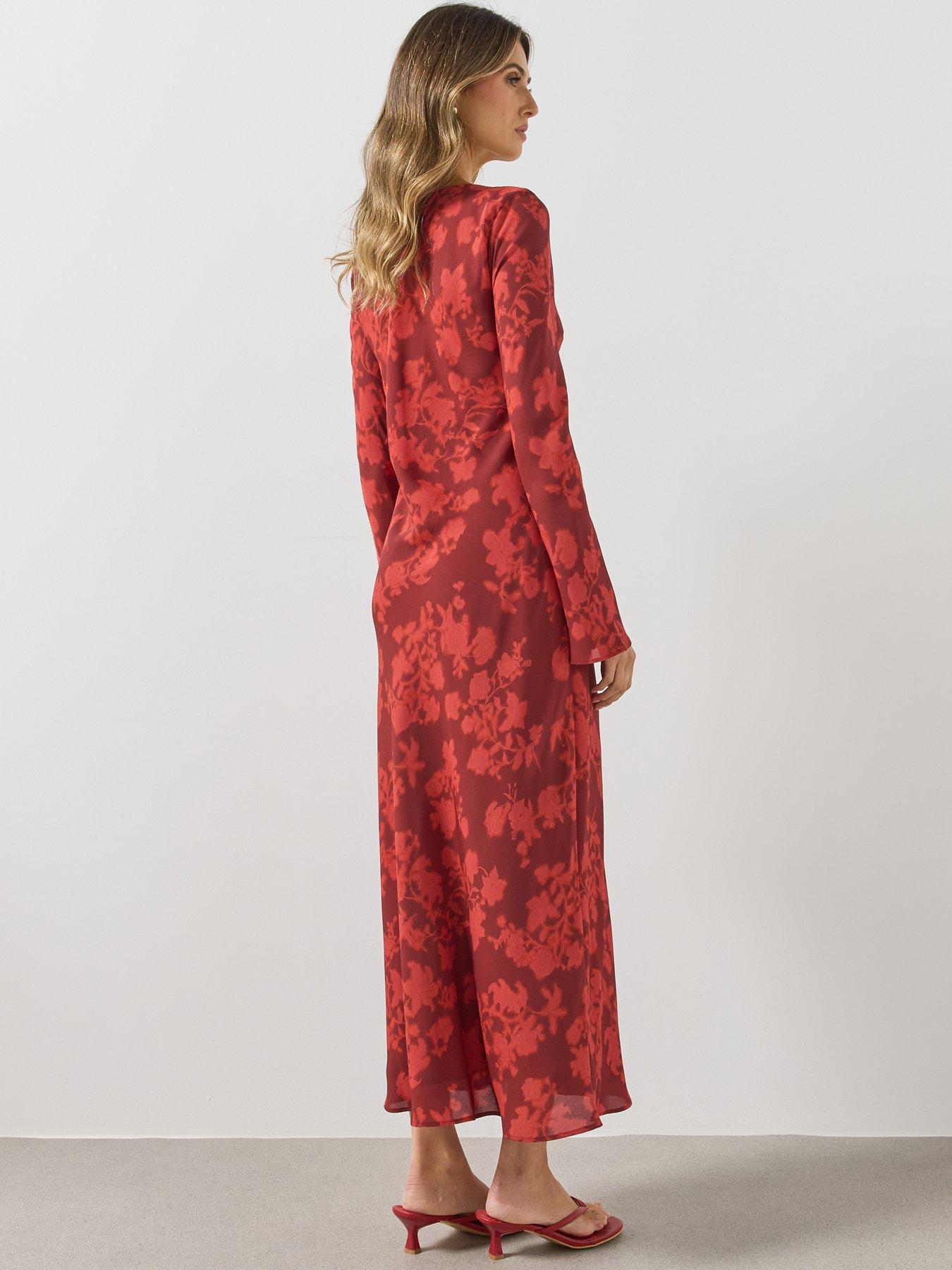Image 2 of 6 of Mango Womens Floral Flared Sleeve Round Neck Dress - Red