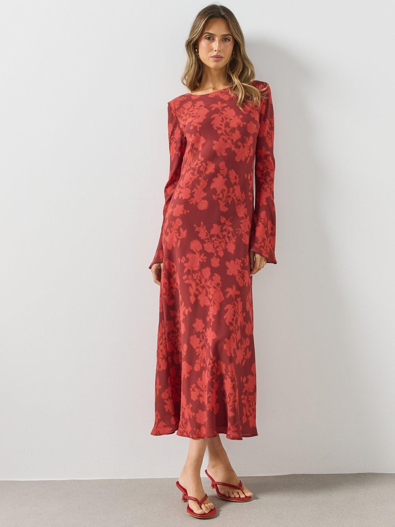 Image 3 of 6 of Mango Womens Floral Flared Sleeve Round Neck Dress - Red