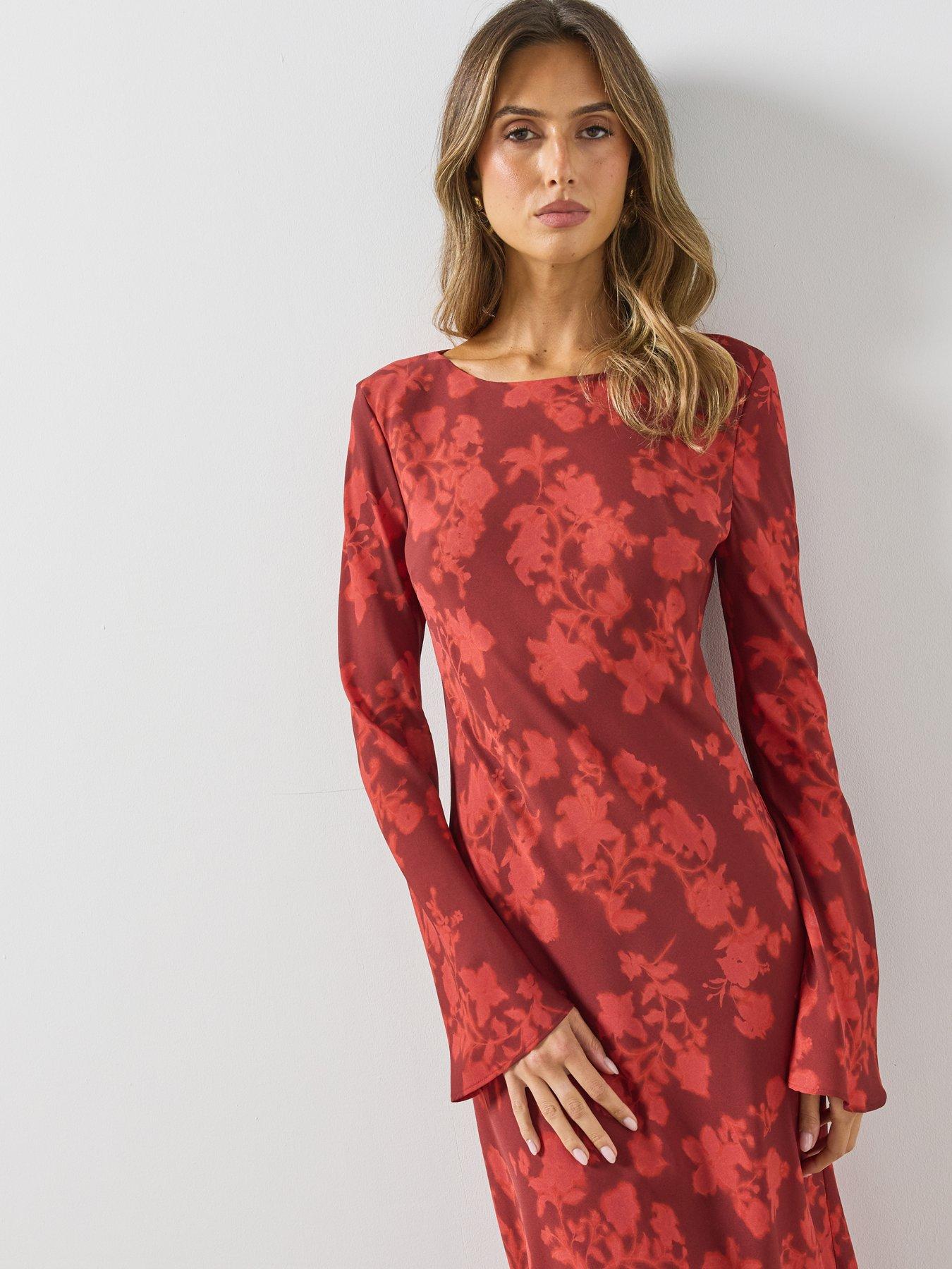 Image 4 of 6 of Mango Womens Floral Flared Sleeve Round Neck Dress - Red