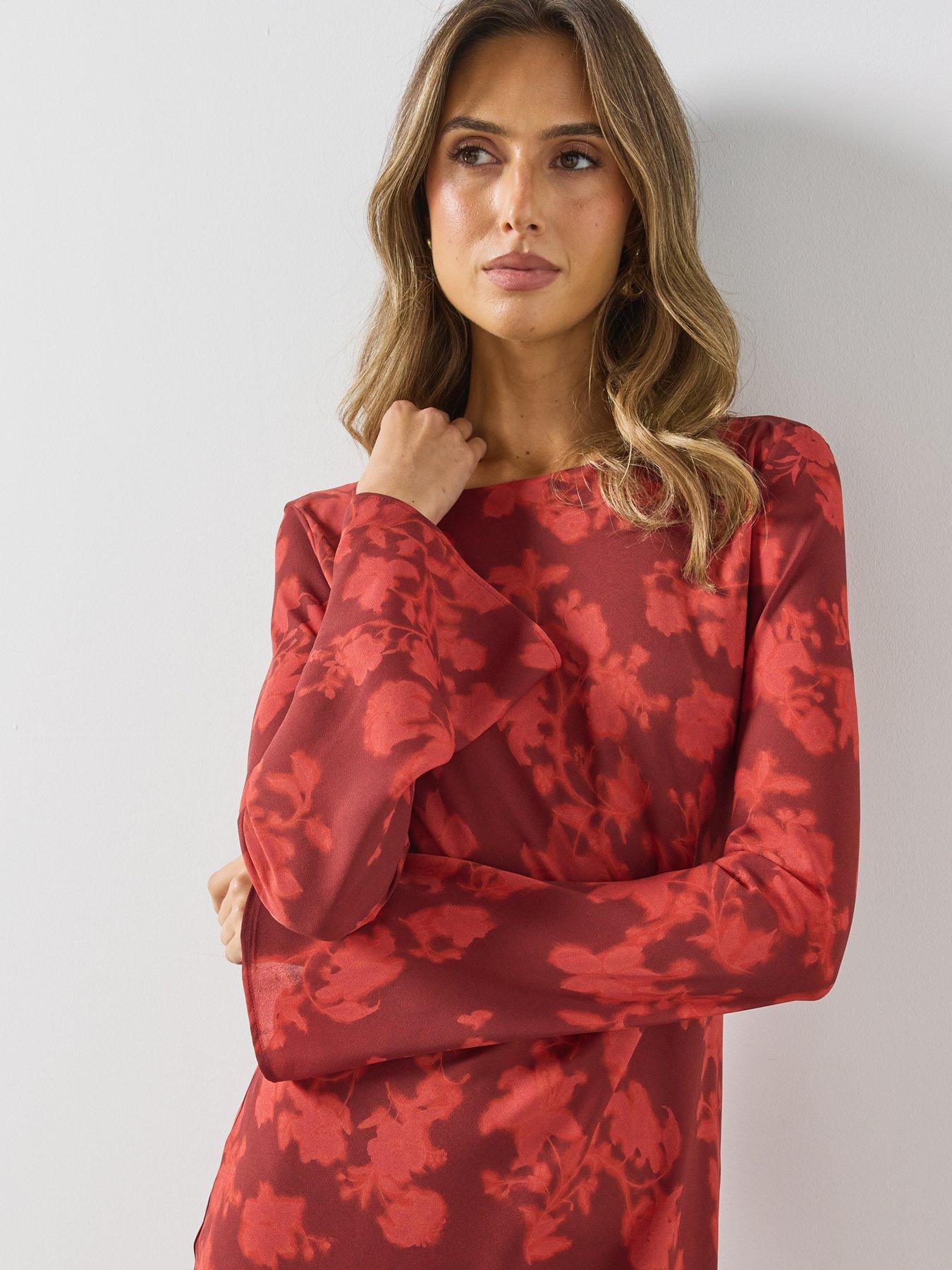 Image 5 of 6 of Mango Womens Floral Flared Sleeve Round Neck Dress - Red
