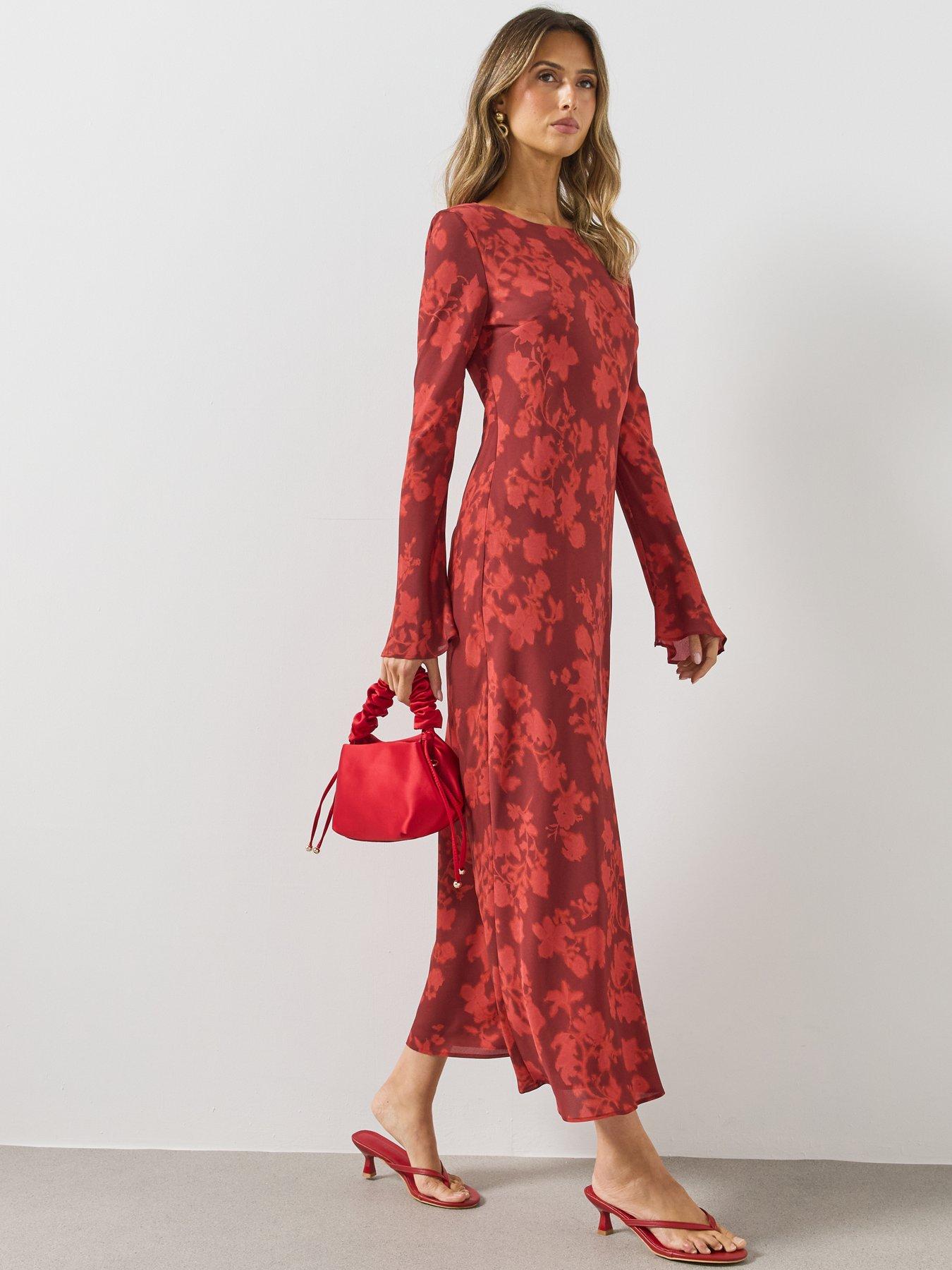 Image 6 of 6 of Mango Womens Floral Flared Sleeve Round Neck Dress - Red