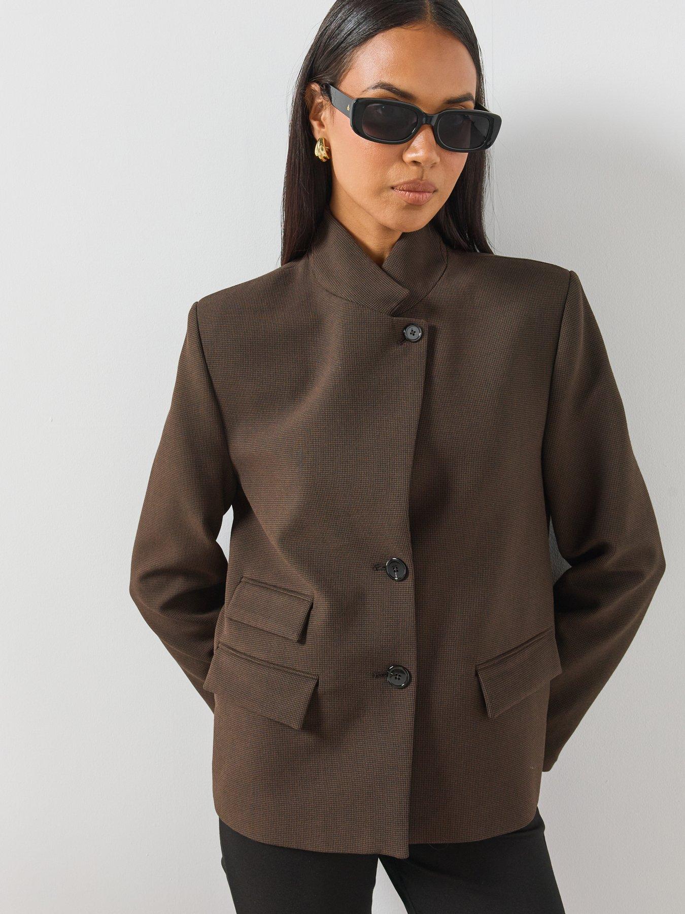 Image 1 of 6 of Mango Houndstooth High Neck Blazer - Brown