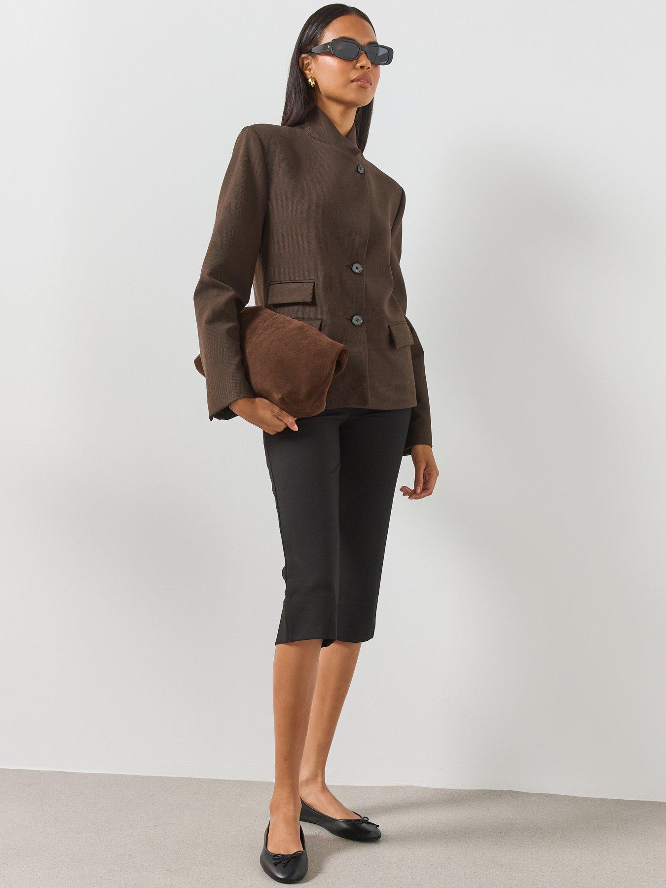 Image 3 of 6 of Mango Houndstooth High Neck Blazer - Brown