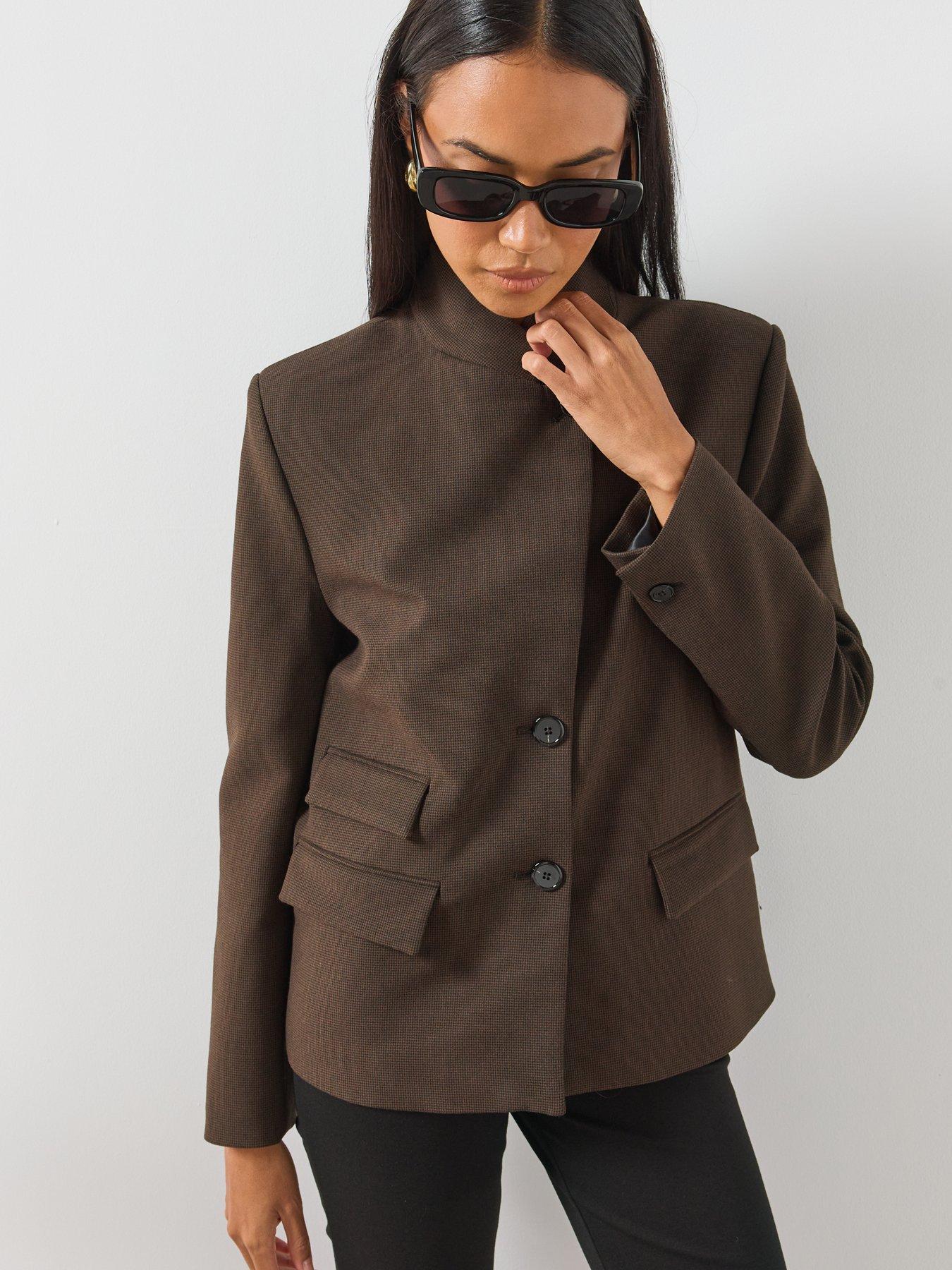 Image 4 of 6 of Mango Houndstooth High Neck Blazer - Brown