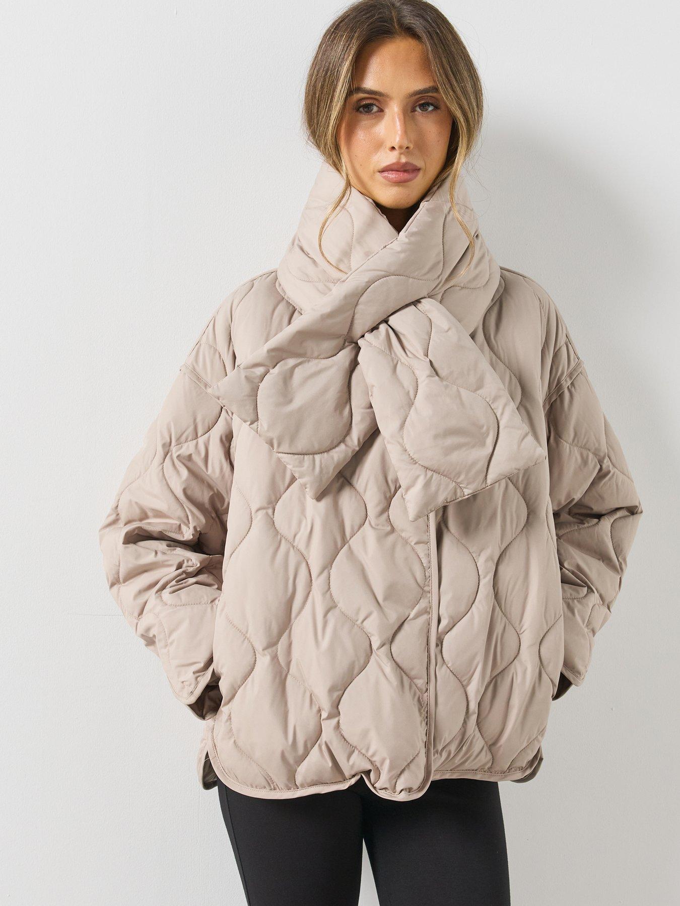 Image 1 of 6 of Mango Womens Removable Scarf Quilted High Neck Anorak - Grey