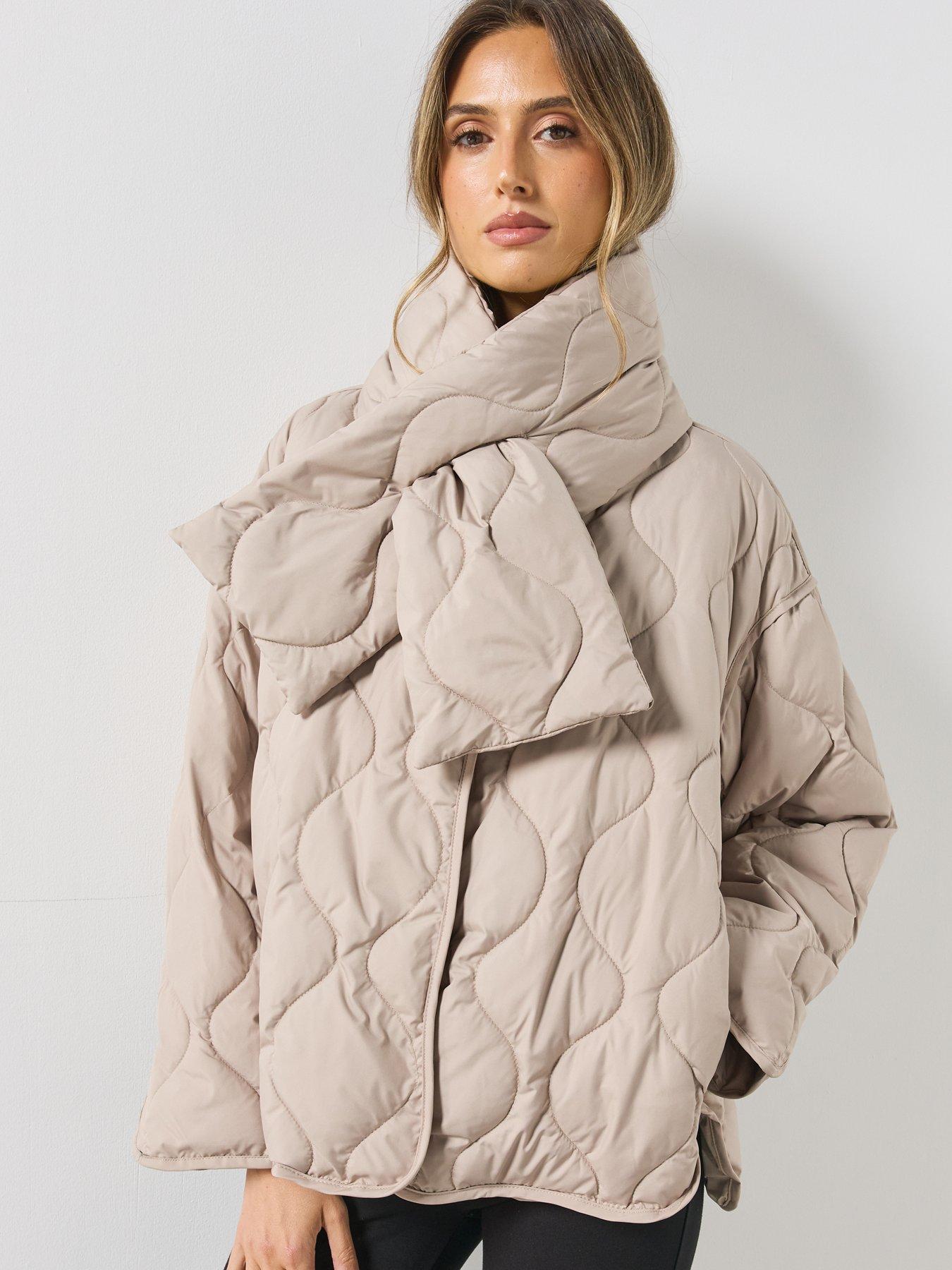 Image 4 of 6 of Mango Womens Removable Scarf Quilted High Neck Anorak - Grey